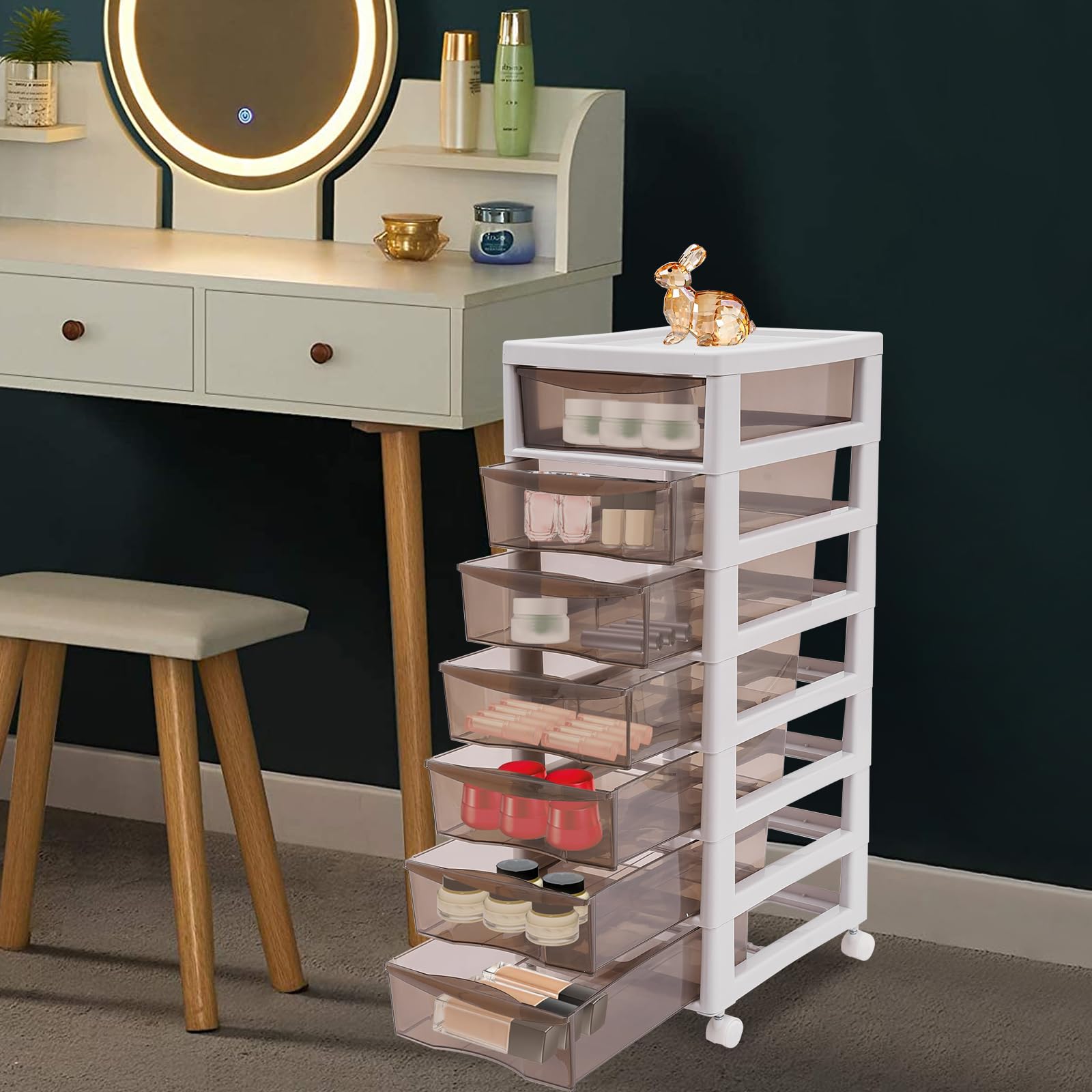 Schubladenbox aus Kunststoff, Aufbewahrungsschrank Schubladen Box Kosmetik Büroorganizer Rollcontainer Unter-Schreibtisch-Schublade, Modernes Design für Home Office und Schlafzimmer (8 Tier)