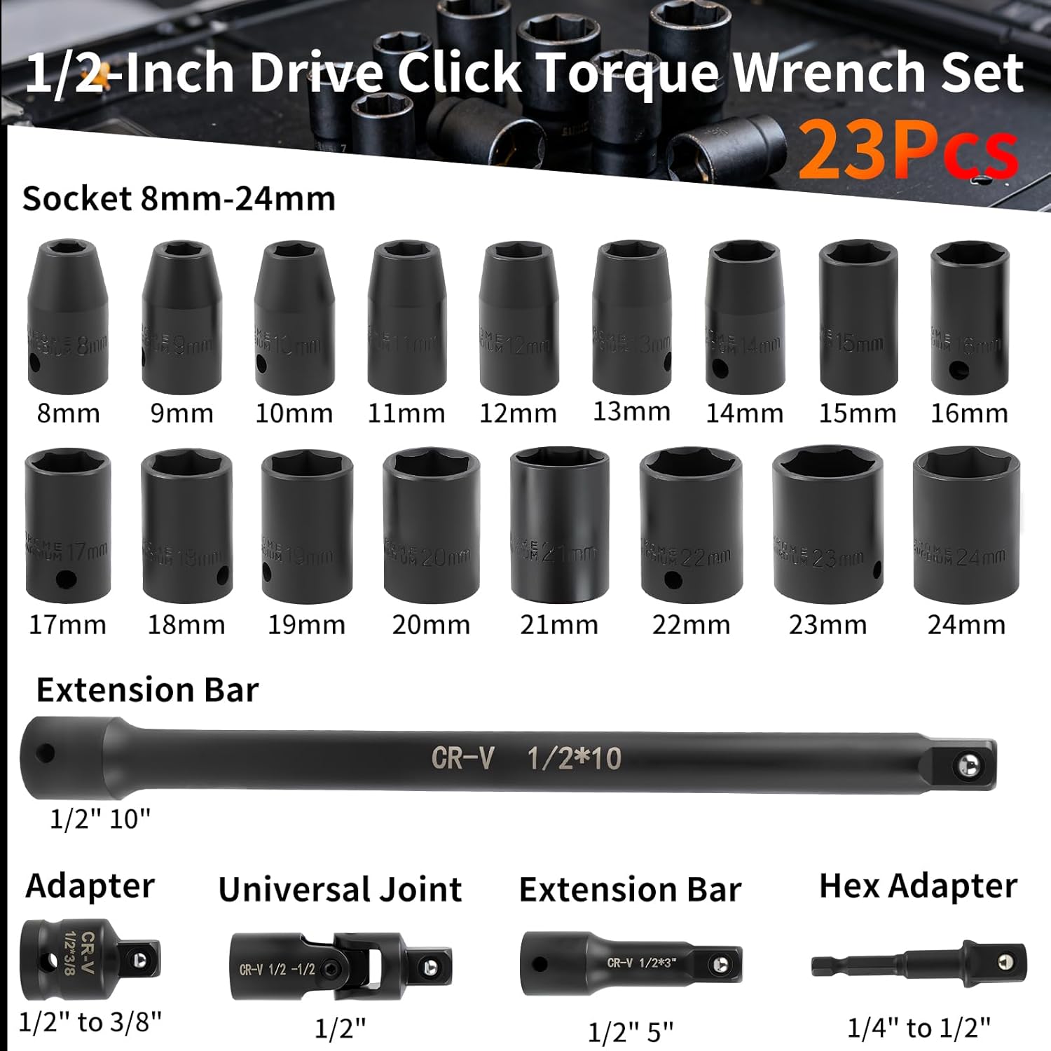 23PCS 1/2-Inch Drive Torque Wrench Set, 10-170FT.LB/13.6-230.5Nm, 1/2 Drive Click Torque Wrench Set, 72-Tooth Dual-Range, ±3% Precision Adjustable Torque Wrenches for Cart, Motorcycle, Lug Nut