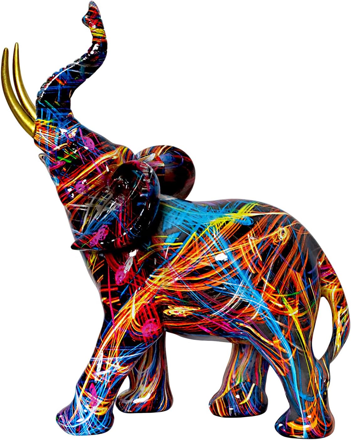 Graffiti Elephant Statue Figurine Colorful Animal Art Sculpture Resin Home Decor Decoration for Living Room Bedroom Book Shelf Cabinet Office Desk Table Top Centerpieces Ornaments (Large)