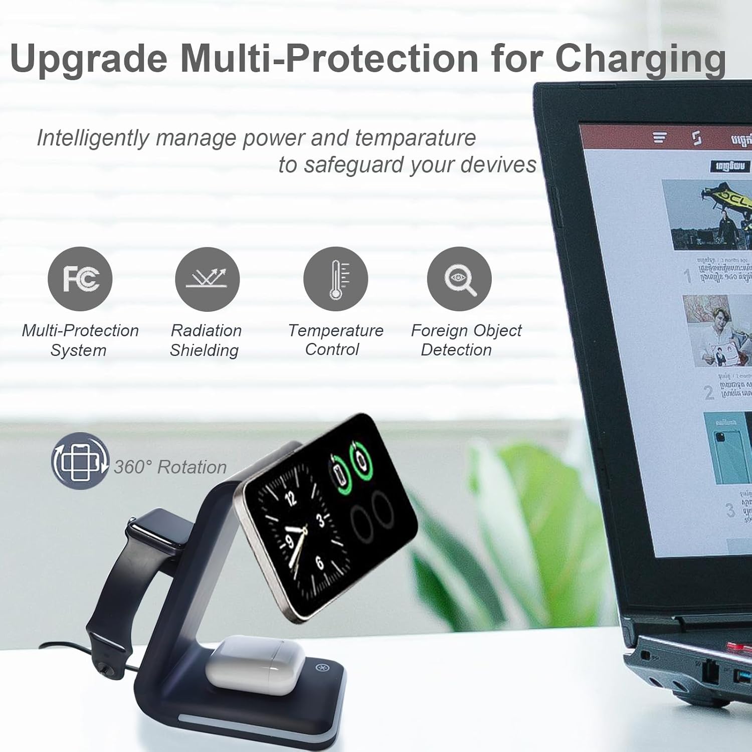 Magnetic Wireless Charger, 3 in 1 Charging Station with Nightlight, for Apple Magsafe iPhone 16/15/14/13/12, iWatch Series, AirPods Charger Stand(15W Adapter)