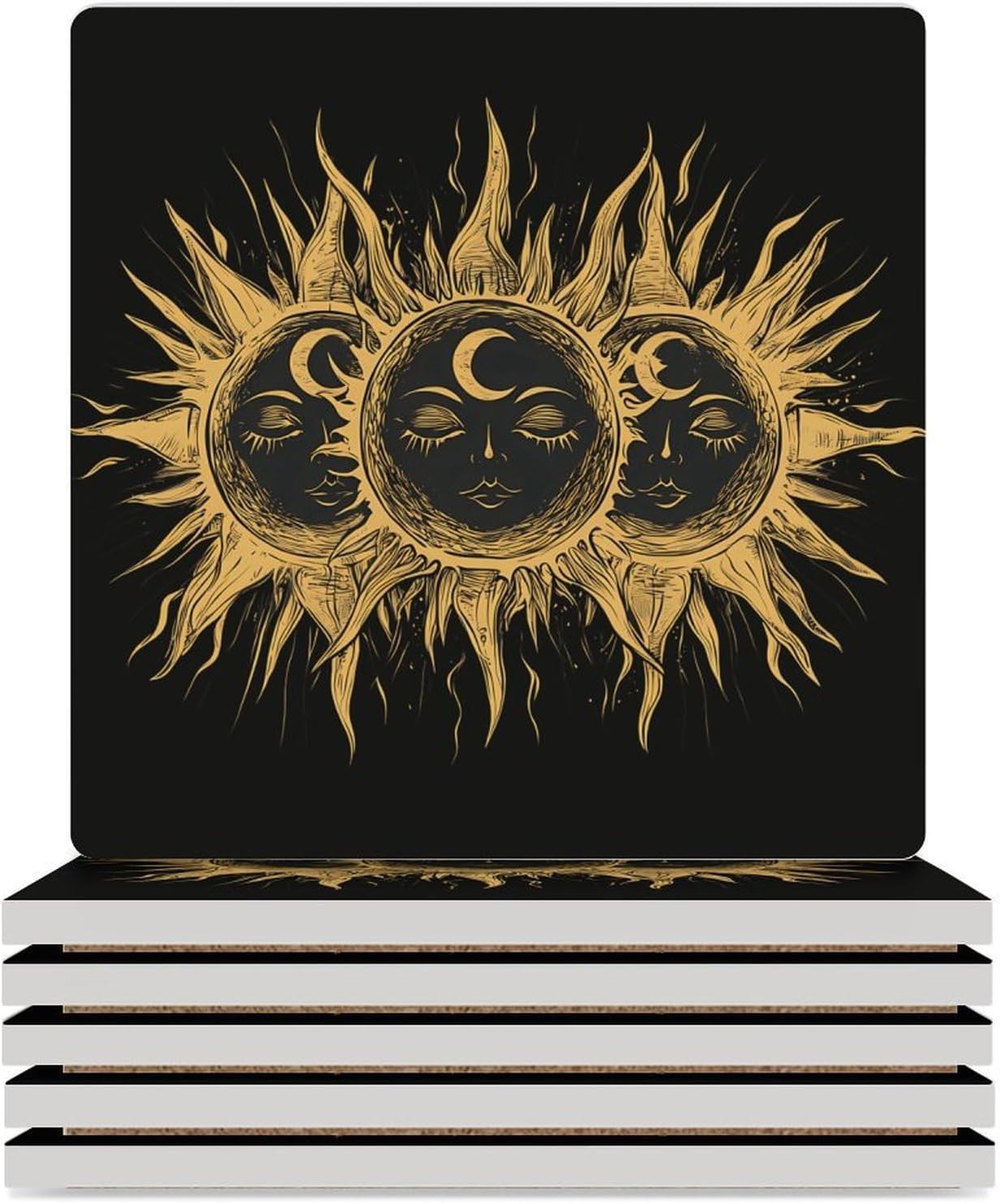 Sun and Moon Ceramic Coasters Set Square Drink Coasters Table Coaster for Kitchen Desktop Decor