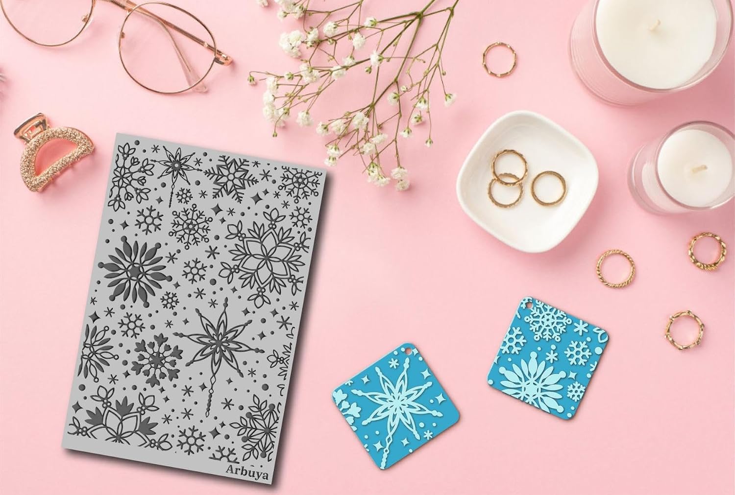 Arbuya Polymer Clay Snowflakes Texture Sheets for Earrings Jewelry Making, Christmas Snowflake Clay Texture Mat for Polymer Clay Projects Floral Stamps for Clay Earrings Tools