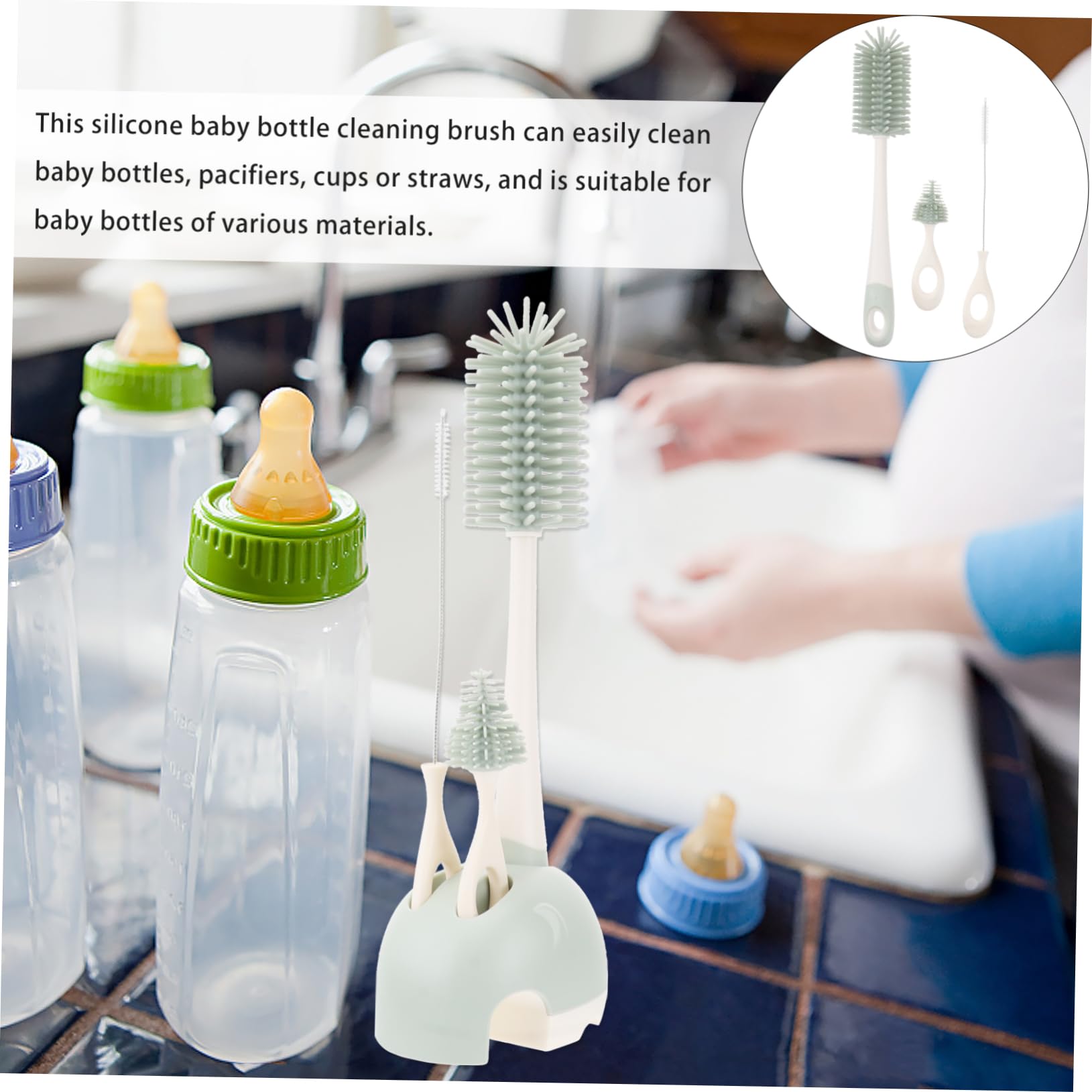 2pezzi Spazzole Per Pulizia Biberon Silicone Con Manico Per Bottiglie e Contenitori Con Angoli Difficili Da Raggiungere Verde