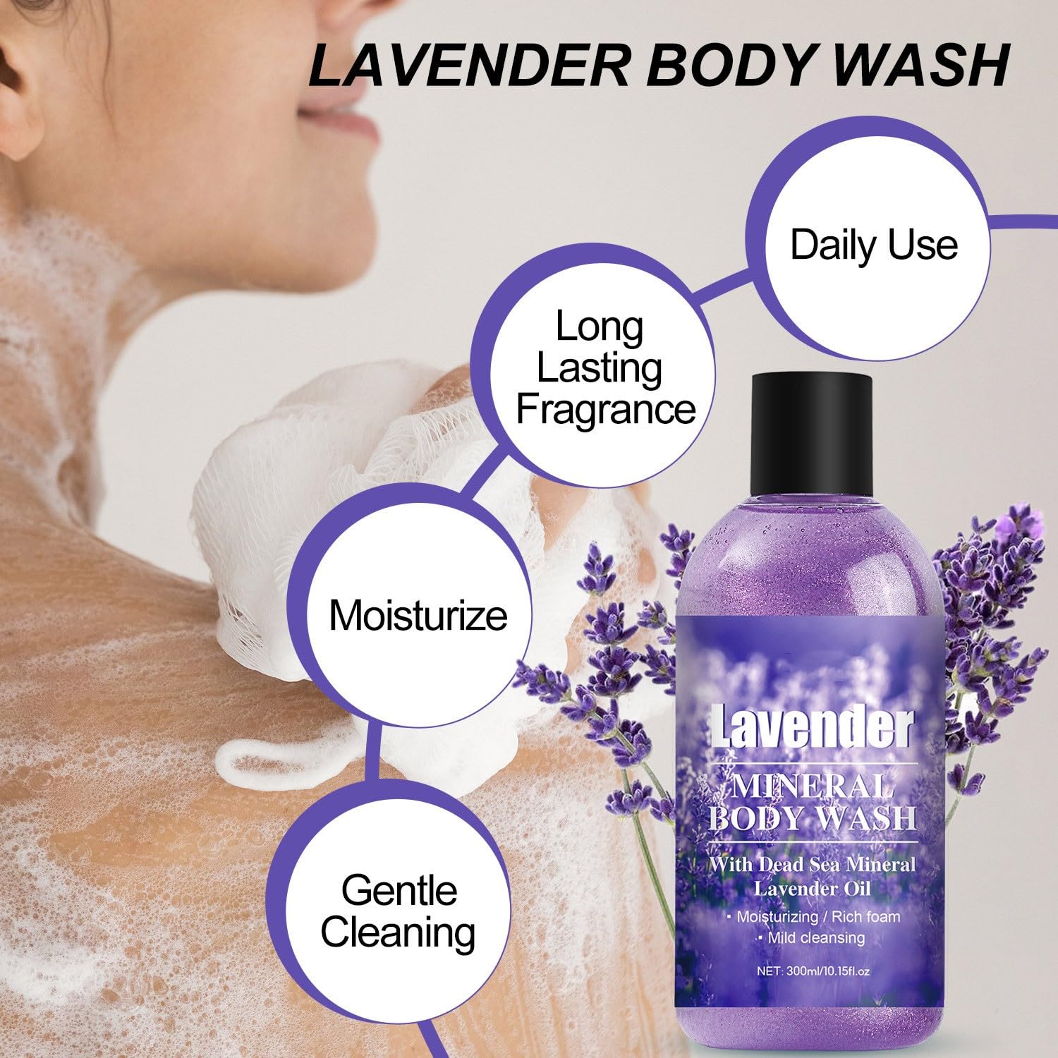 Lavender Body Wash, Hydrating Shower Gel with Lavender Oil Gentle Daily Cleansing & Nourishing Body Skincare, Soothing Exfoliating Body Soap for Dry & Sensitive Skin, All Skin Types - Image 5