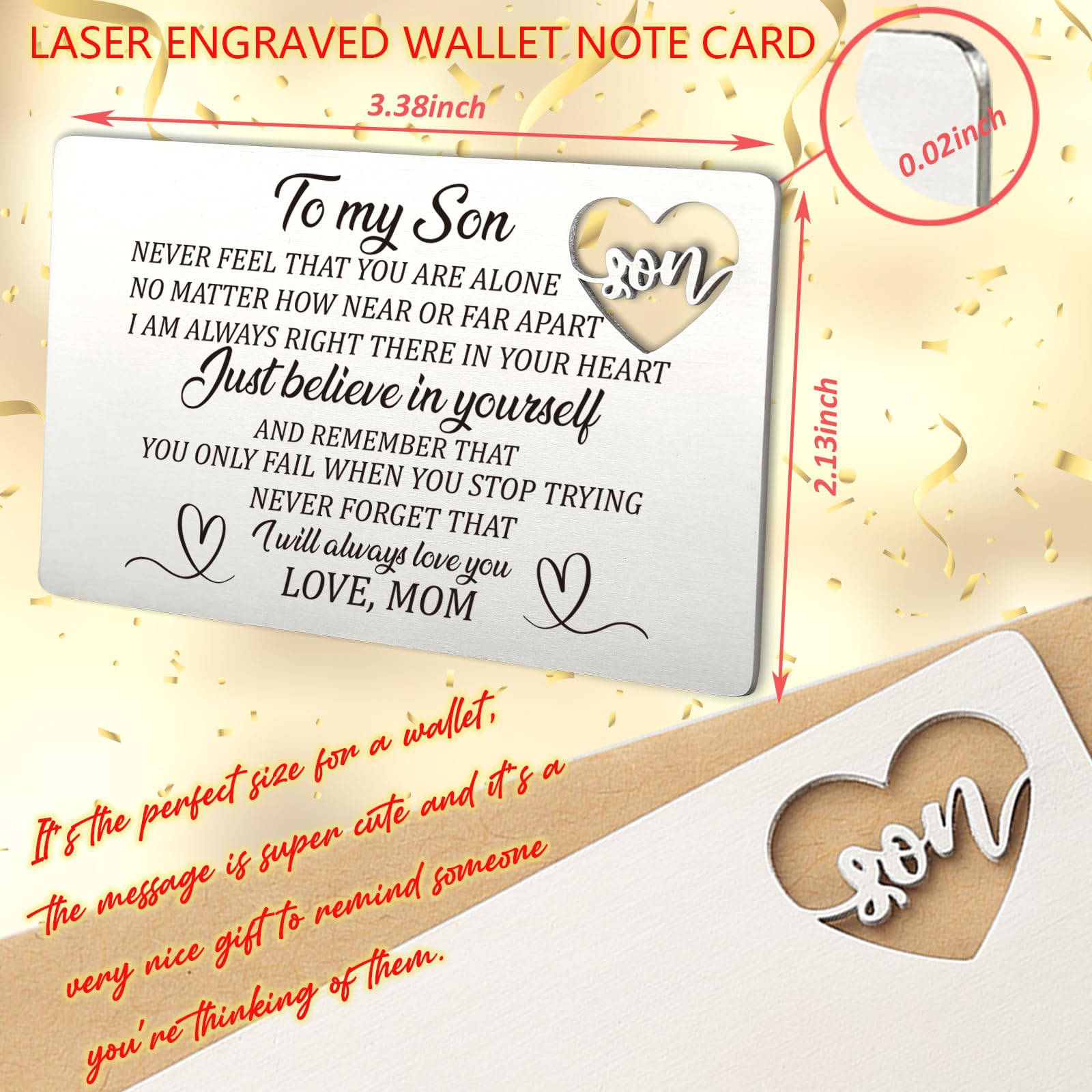 Son Gift from Mom, Inspirational Engraved Wallet Card Birthday Graduation Christmas Anniversary Wedding Back to School Card Wallet Insert Gifts for Son, Just Believe in Yourself Gift for Boys