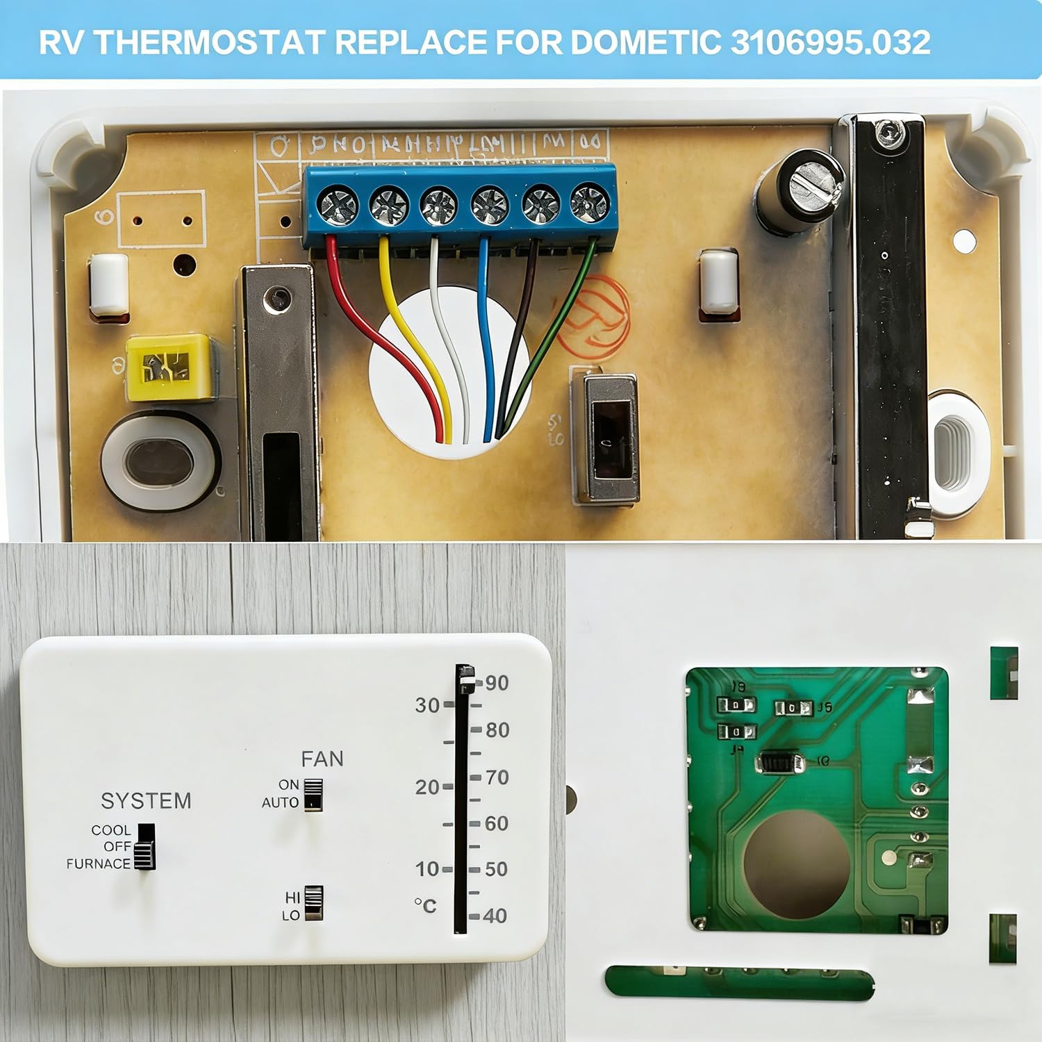 RV Thermostat Analog Replacement for Dometic 3106995.032, Cool Only/Furnace Control, Non Programmable Wall Mount Thermostat for Camper/Travel Trailer/Motorhome, White