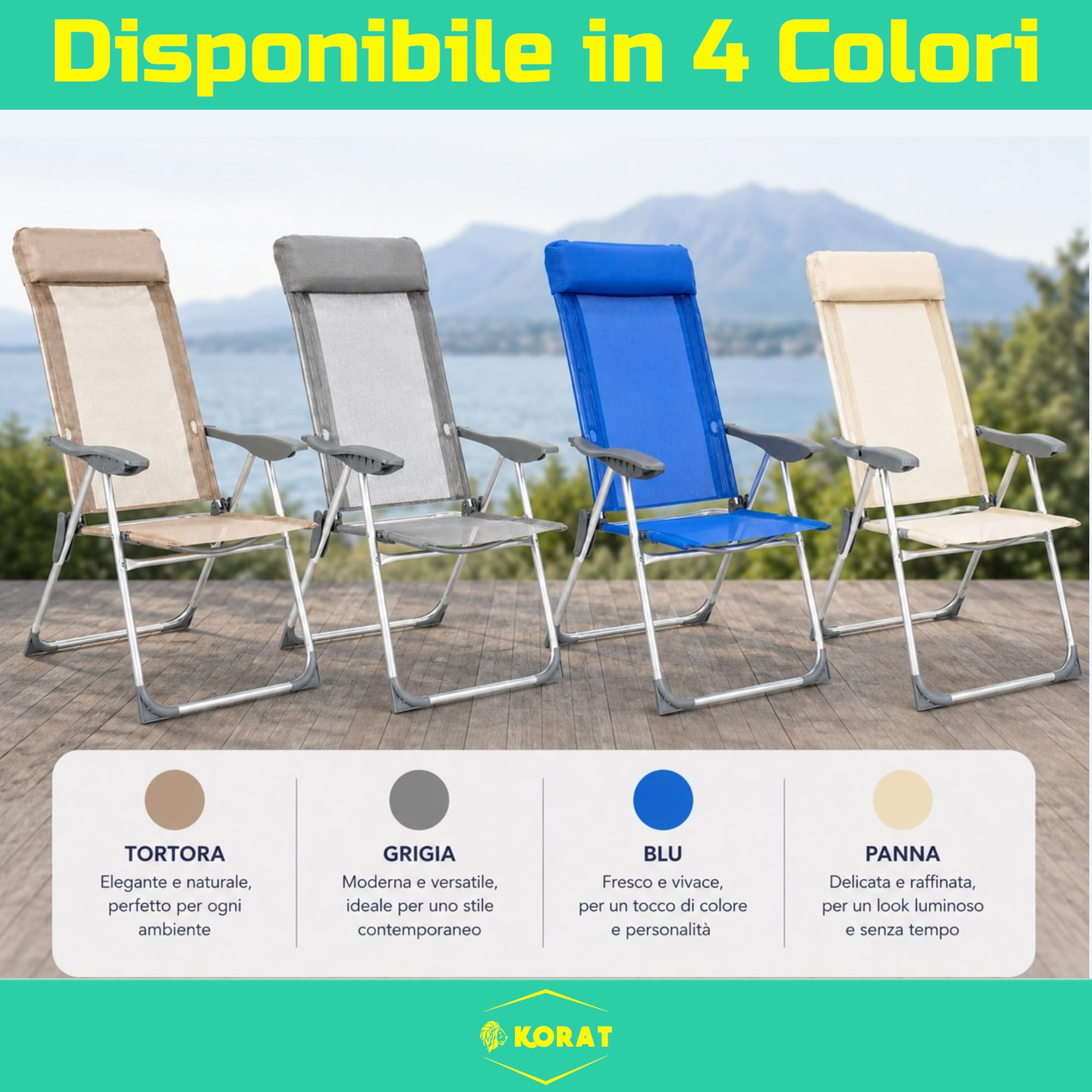 KORAT - Sedia Mare Pieghevole in Textilene con Poggiatesta, Struttura in Alluminio e Braccioli Ergonomici, per Spiaggia Campeggio Giardino, 58x38x110 cm - Spiaggina - Grigio