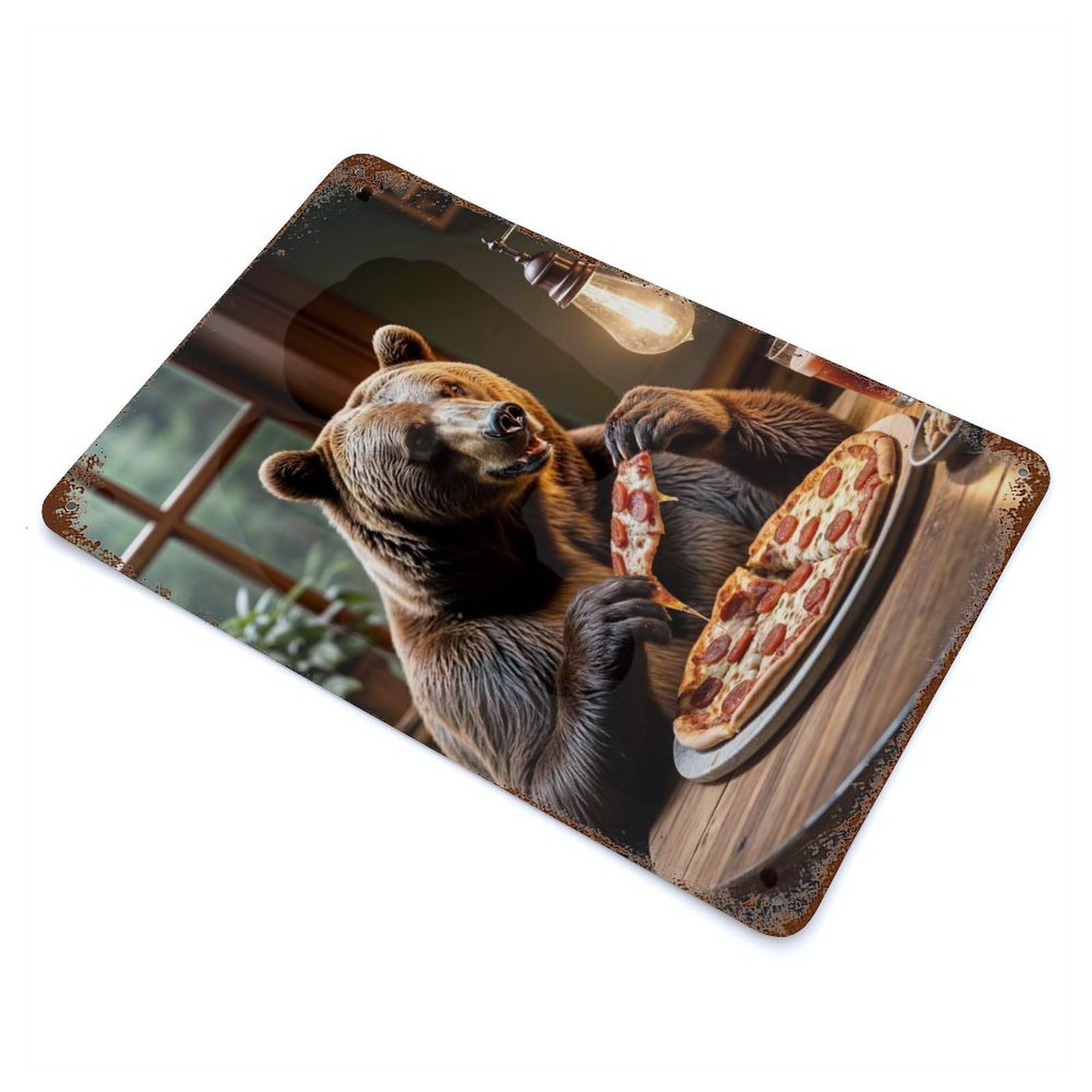 Bear Eating Pizza Funny 11.8"x7.9" Vintage Rust Metal Sign, Decorative Metal Wall Art for Farmhouse, Kitchen And Entryway Decor