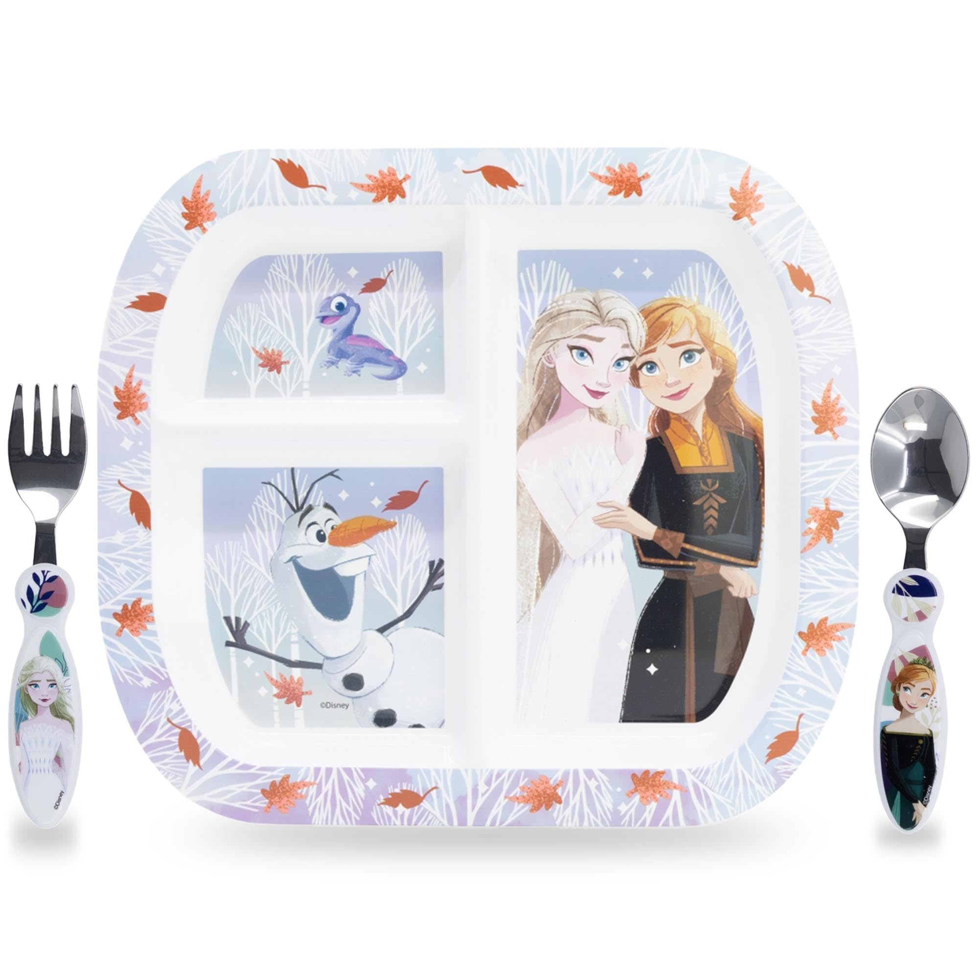Sorrisini Vaisselle Bébé Frozen Réutilisable - Assiette Compartimentée 3 Pièces + Couverts Acier Inox, Sans BPA, Micro-ondable