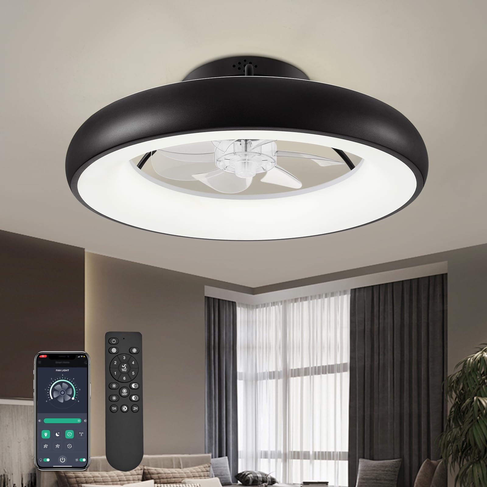 Ceiling Fans with Lights and Remote,20'' Low Profile Modern Dimmable LED Ceiling Fan Black Flush Mount Ceiling Fan with Lights for Living Room Bedroom Kids Room
