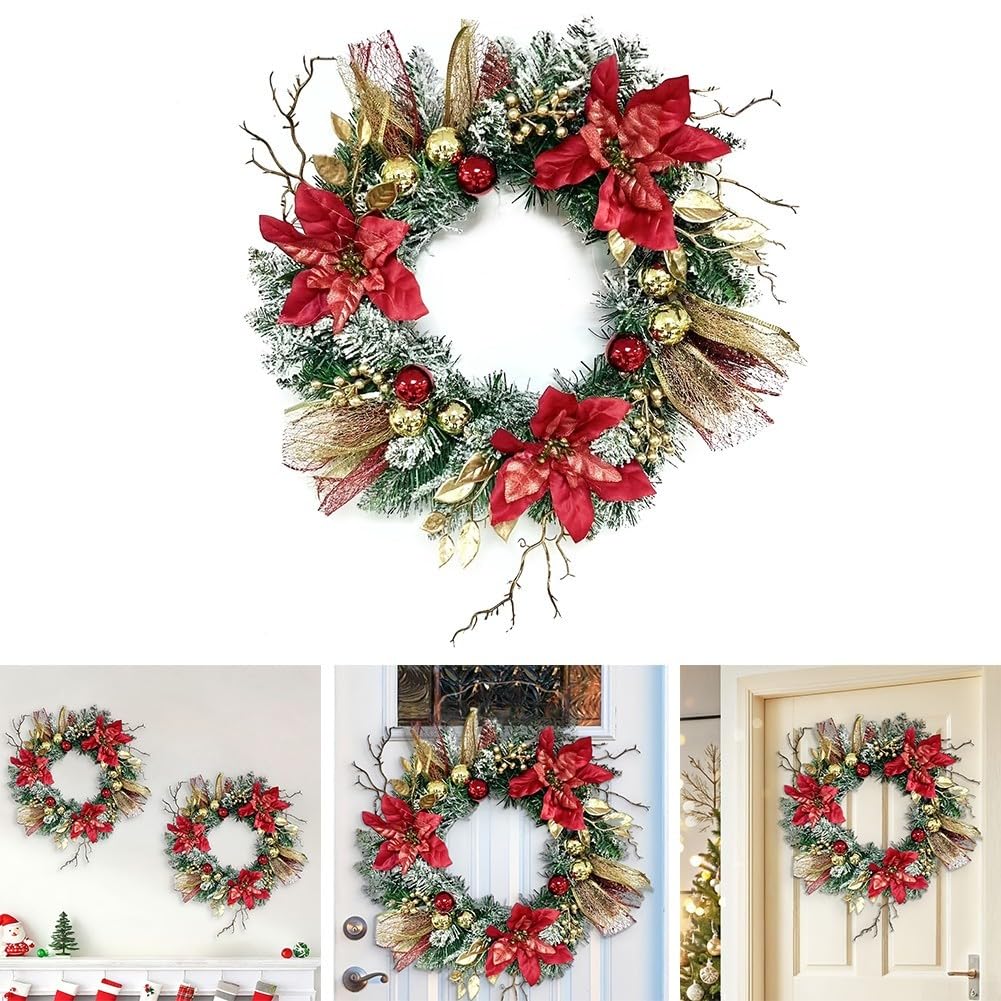 Couronne de Noël lumineuse de 40,6 cm avec poinsettia rouge et pommes de pin dorées à paillettes pour décoration de porte, mur, cheminée