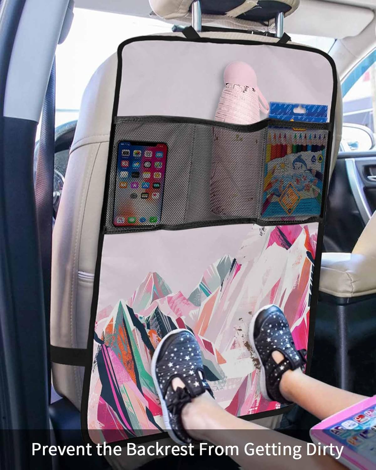 Car Seat Protector, 2 Pack Kick Mats with Organizer - 3 Pocket Storage, Abstract Pink Mountain Colored Drawing Oil Painting Back Seat Cover for Kids Universal Fit Automotive Interior Protectors