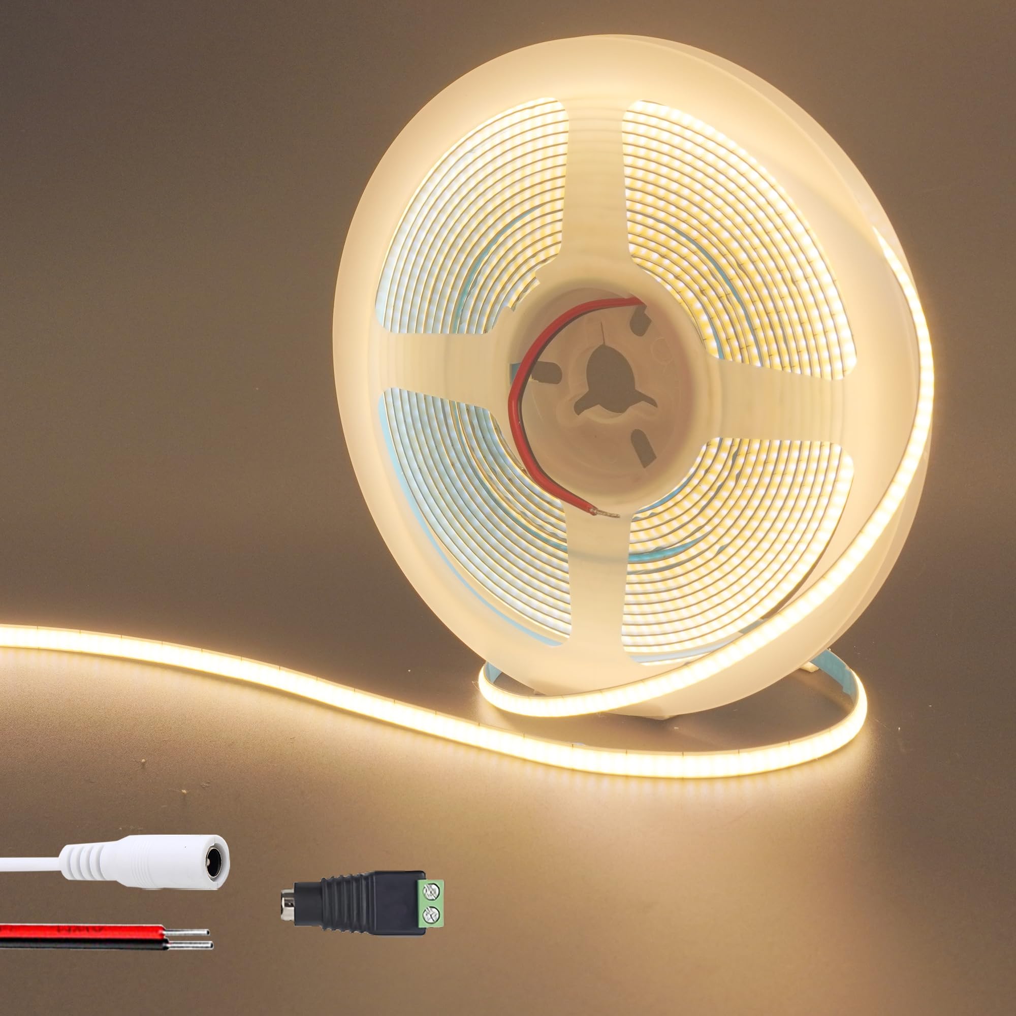 Clearhill 12V 5mm Width COB LED Strip Lights(No Power Supply),16.4FT/5M,Warm White 3000K,400LEDs/m,with 5521DC Female Connector,10W/m,CRI90,4500lm,Electroplated Double-Sided Panel Light Strip,IP20