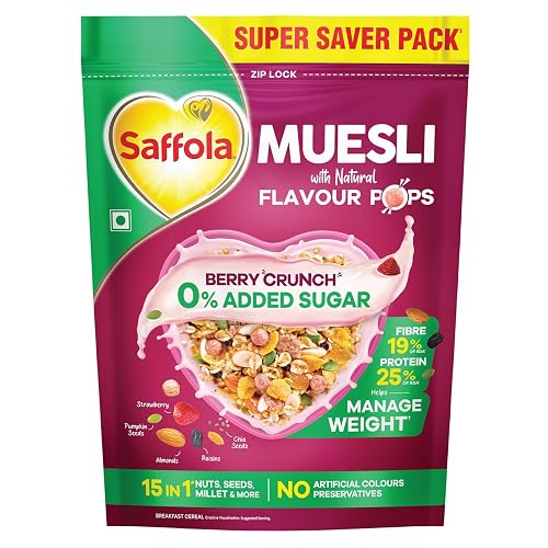 Saffola Muesli 0% Added Sugar (Berry Crunch) - no added sugar muesli