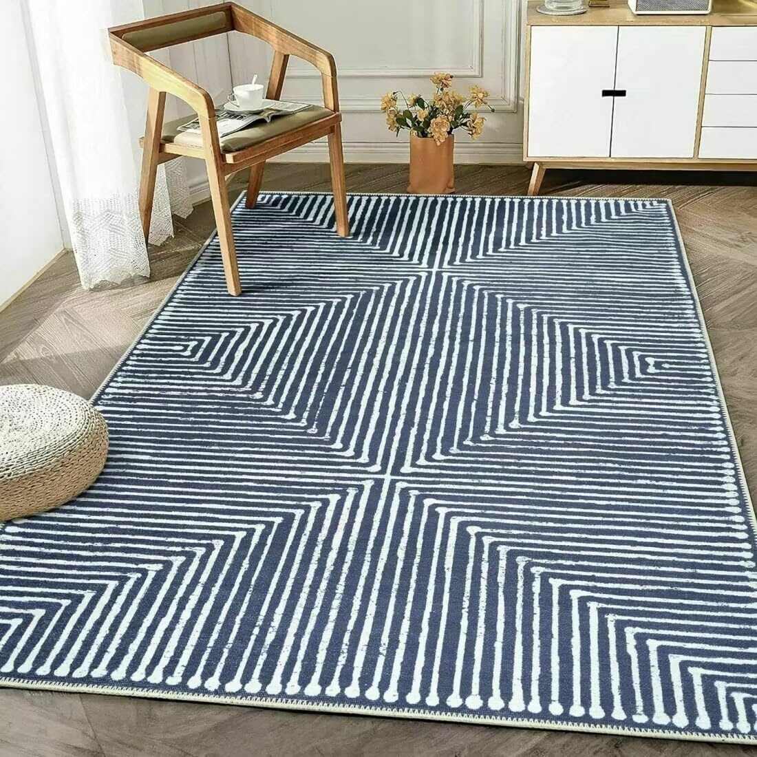 Tapis d'extérieur géométrique bleu blanc 90x200 salon chambre terrasse design