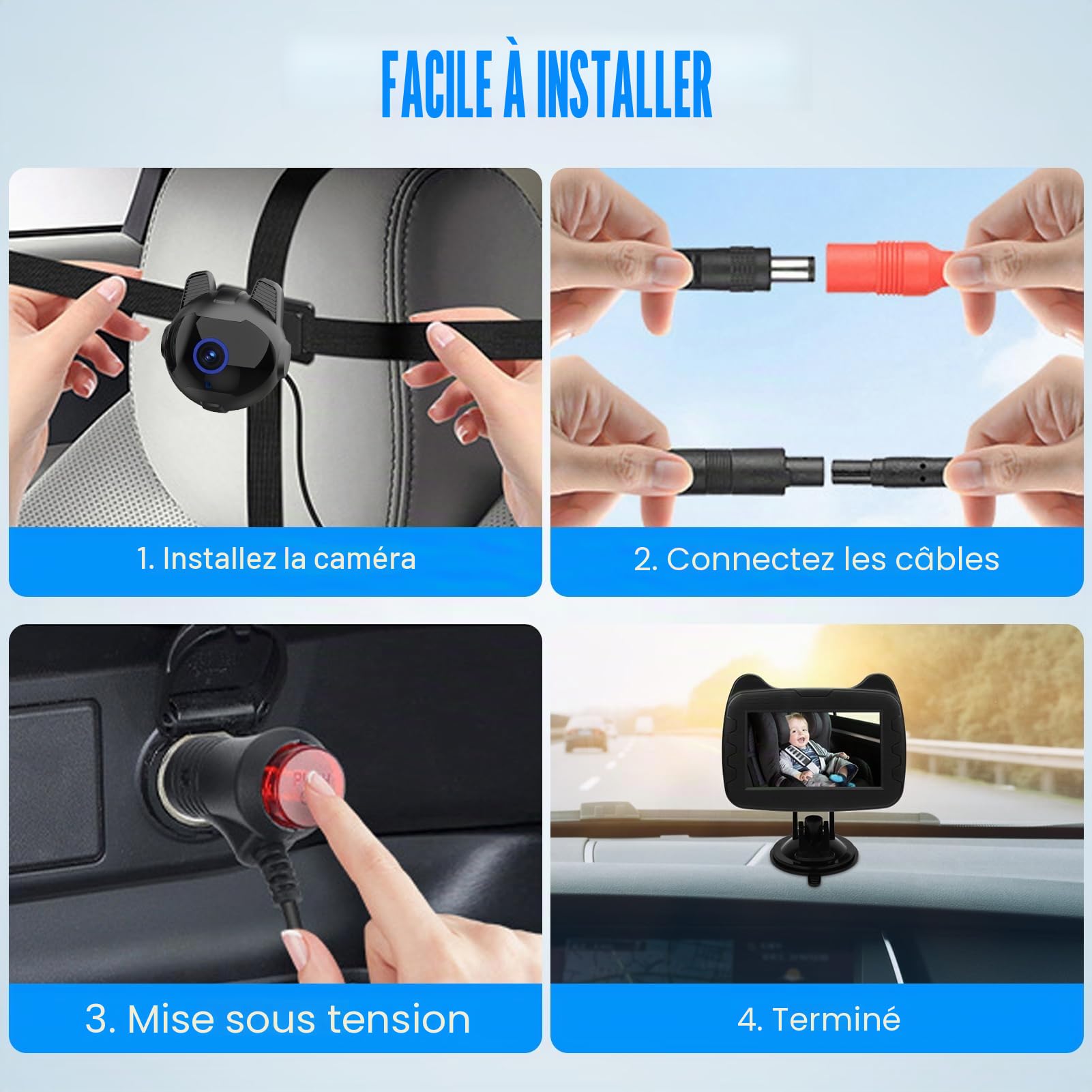 Rétroviseur de voiture pour bébé - Écran HD de 4,3" - 1080P - Avec vision nocturne infrarouge - Caméra de sécurité grand angle pour une observation optimale de votre bébé