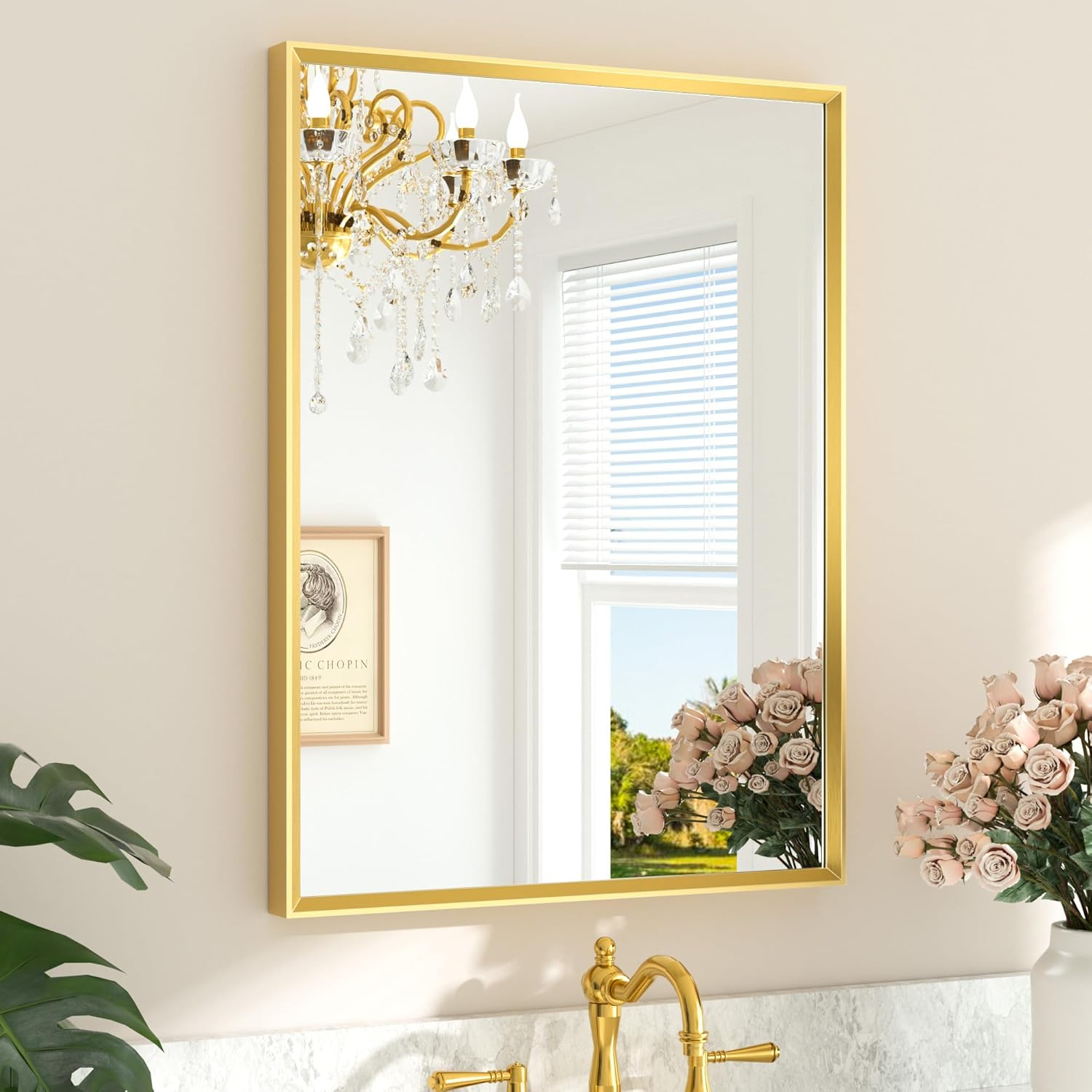 TETOTE Brushed Gold Mirror for Bathroom Sink 24" x 32" Beveled Frame Brushed Gold Brass Vanity Rectangle Mirror for Bathroom Wall, Modern Farmhouse, Tempered Glass, Stronger Frame 32"L x 24"W Brushed Gold