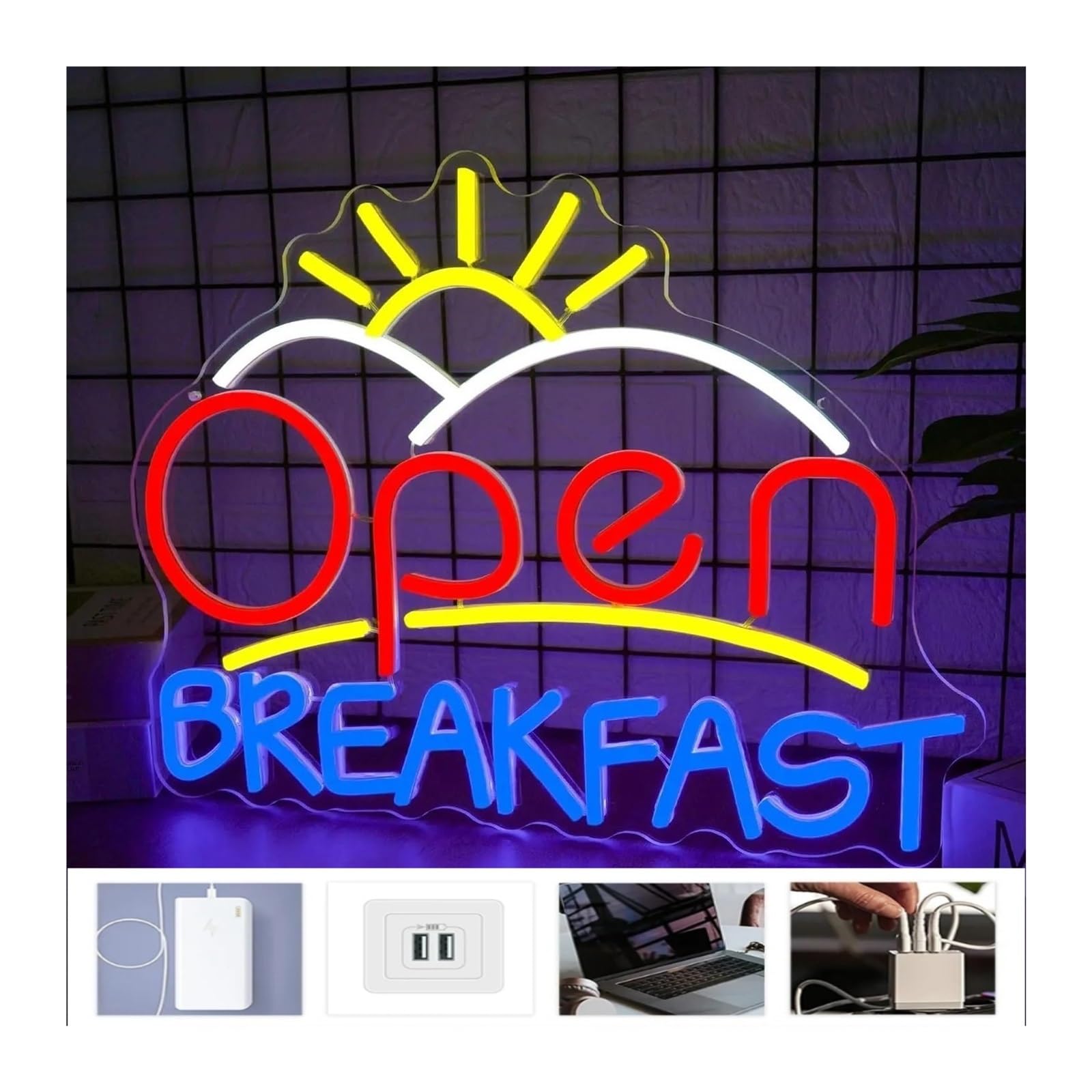 Hängende Kunst Leuchtreklamen Neonschild „Open Breakfast“, Dimmbares USB-Licht Für Wanddekoration, Gastronomie, Restaurant, Diner, Heimküche, 40x30cm