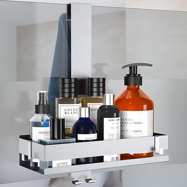 HassoKon Shower Caddy Hanging Stainless Steel Shower Shelf for Hanging Glass, Shower Storage,Rustproof Shower Organizer, Shower Basket Shampoo Holder with 2 Hooks for Frameless Glass Door (Sliver)