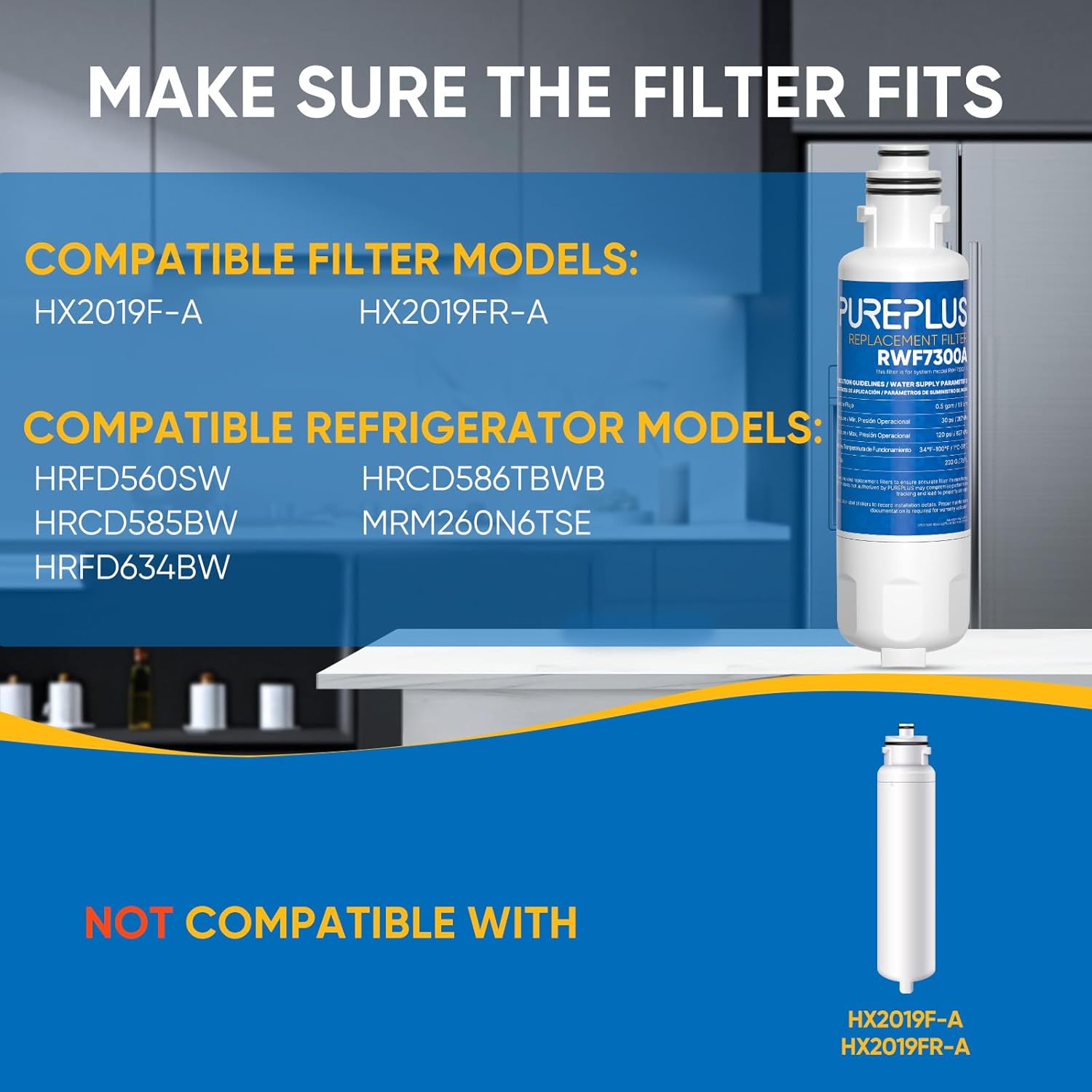 PUREPLUS HX2019FR-A Replacement Refrigerator Water Filter, Compatible with Hisense HX2019FR-A, HX2019F-A, HRM260N6TSE, HRFD560SW, HRCD585BW, HRFD634BW, HRCD650BW, HRCD586TBWB, Mora MRM260N6TSE, 3PACK