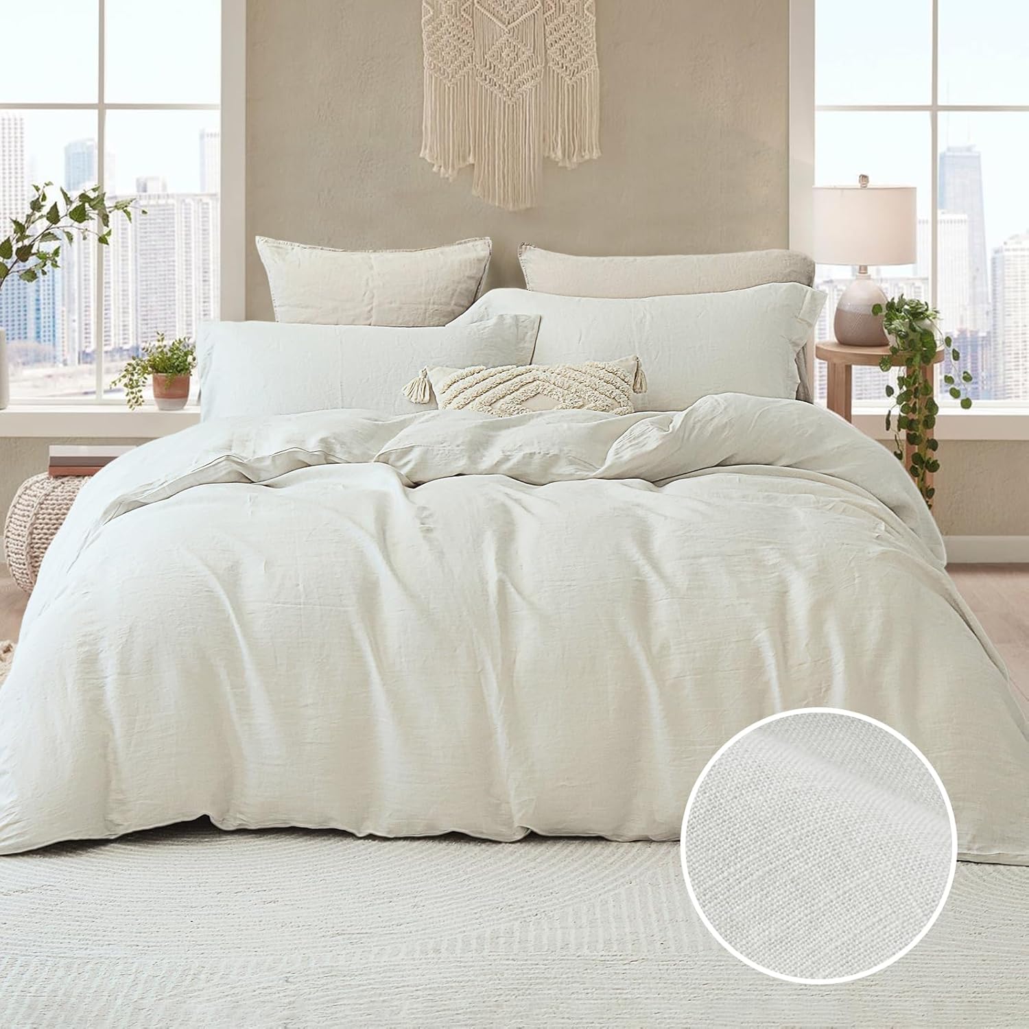 100% Linen Duvet Cover - Belgian Linen Natural Washed Flax Duvet Cover, Breathable Soft 3 Pieces Bedding King Summer Duvet Cover with Zipper Closure 8 Ties (104x90, No Comforter)