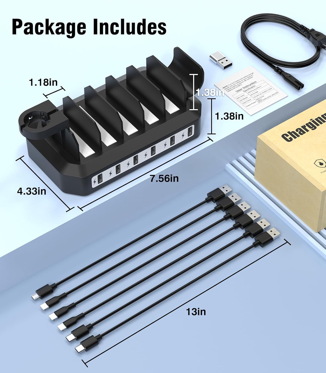 Charging Station for Multiple Devices: 6 Port USB Charger Stations - Family Multi-Device Organizer Charging Dock - Safer Designed for iPhone iPad Android Cell Phone Tablet(6 Cables Included)