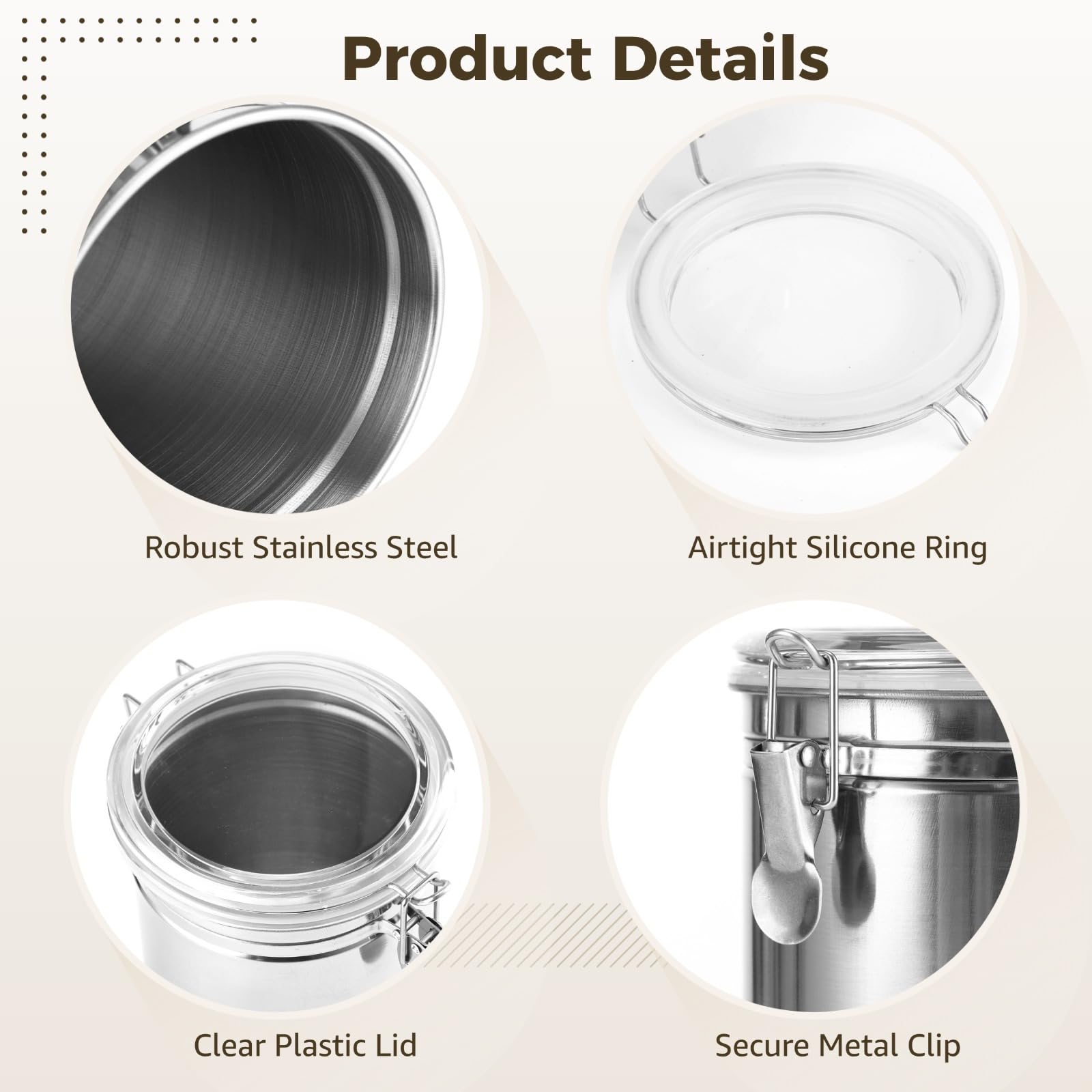 3 Stück Küchenbehälter, 1,757 ml, Edelstahl, Metall, Frischhaltedosen, luftdichte, transparente Klemmdeckel, Kaffeebohnen, Tee, Zucker, Mehl, Behälter-Set