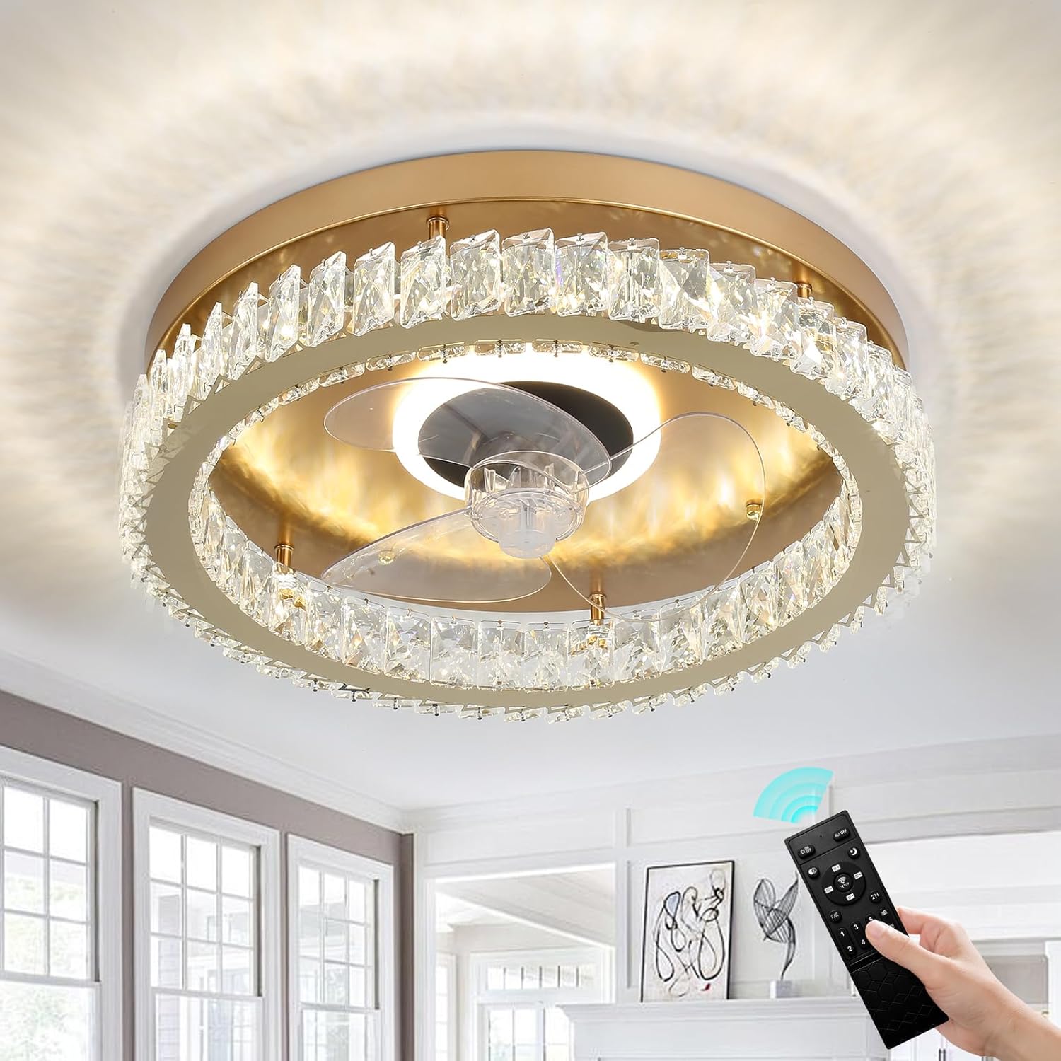 FRIXCHUR Ceiling Fan with Light Low Profile Ceiling Fans with Remote Control Flush Mount Ceiling Fan 3 Color 6 Speed LED Fan Light for Bedroom Living Room Kitchen Dinning Room (Gold)