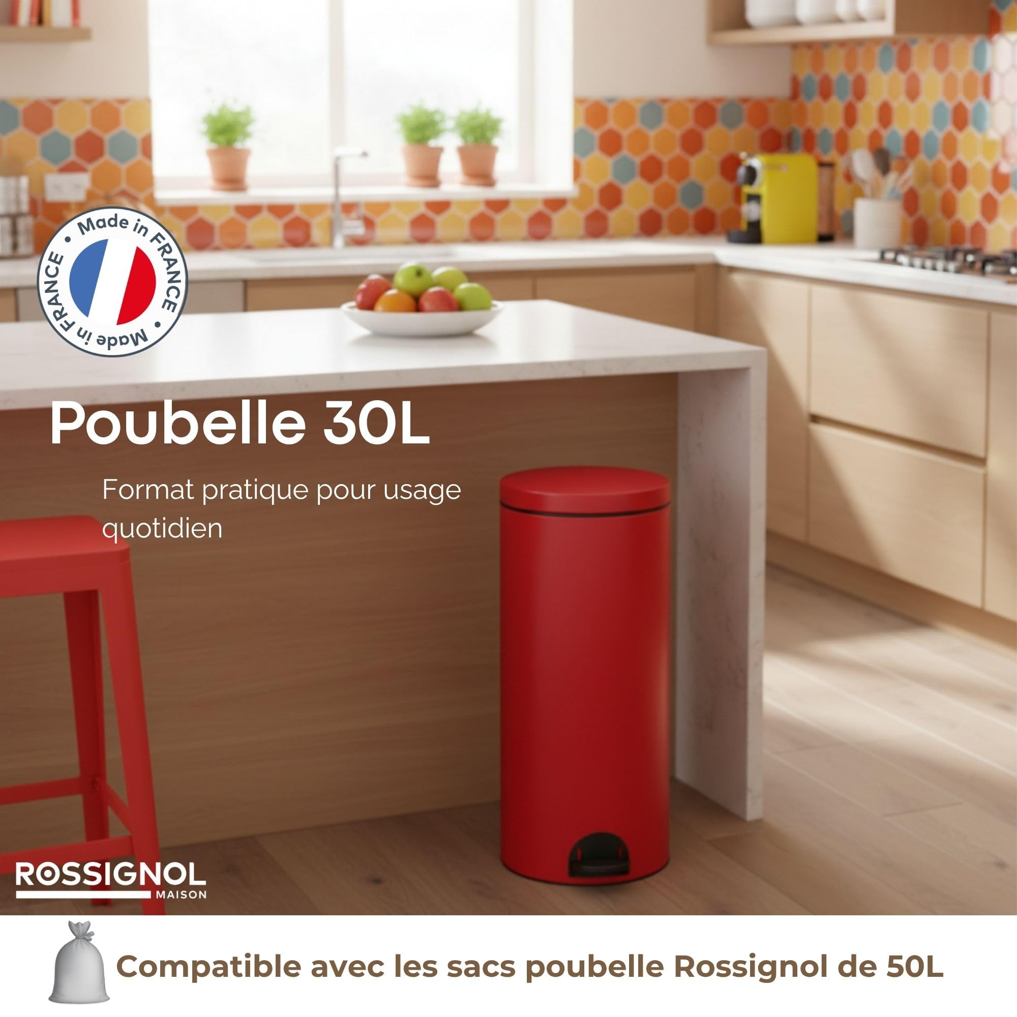 ROSSIGNOL Poubelle de cuisine, Poubelle 30L, Poubelle à pédale, Fabrication française, Seau intérieur amovible avec anse, Pratique ELORA