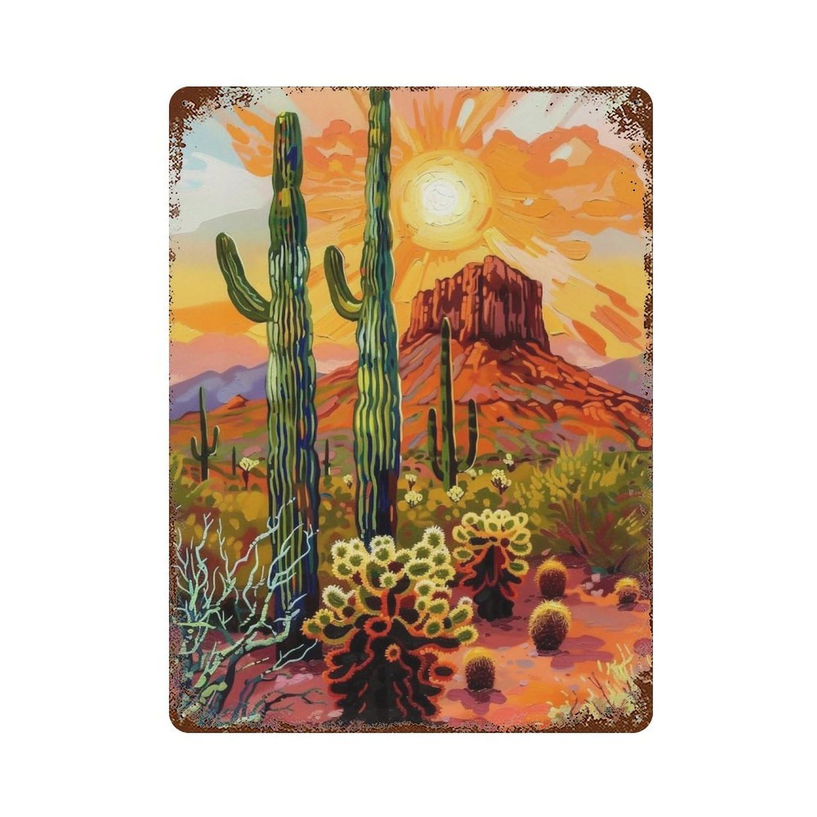 WUJHGRSG Impasto Sunset Red Rock Saguaro Desert Vista 01 Wall Art Retro Iron Vintage Metal Tin Sign Poster Modern Decor for Home Cofffee Club Bar Shop Style 40x30cm