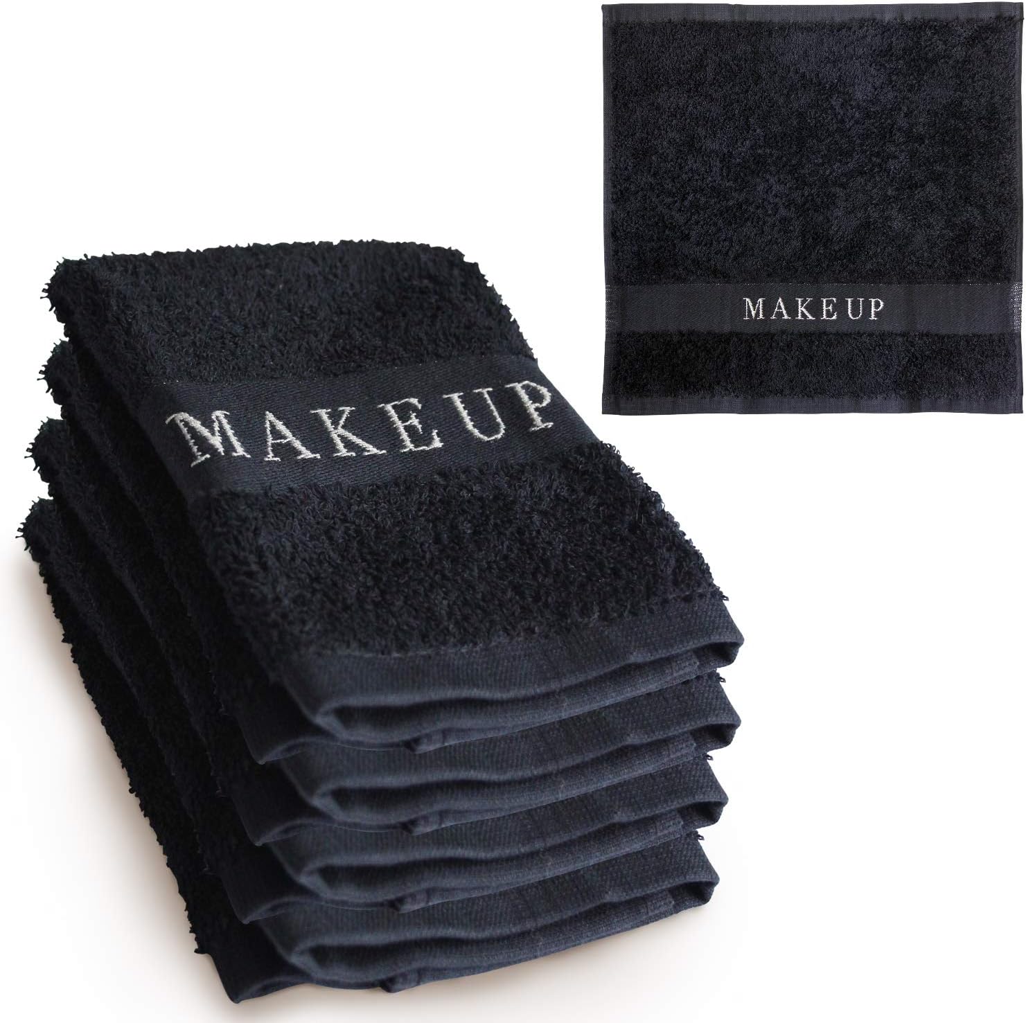 The Little Black Towel Makeup Remover Cloth - Luxury Washcloths for Gentle Face Wash, Removing Eye Liner, Mascara, plus Foundation Eraser. Bleach Resistant, Soft Jacquard Lettering, Pack of 4