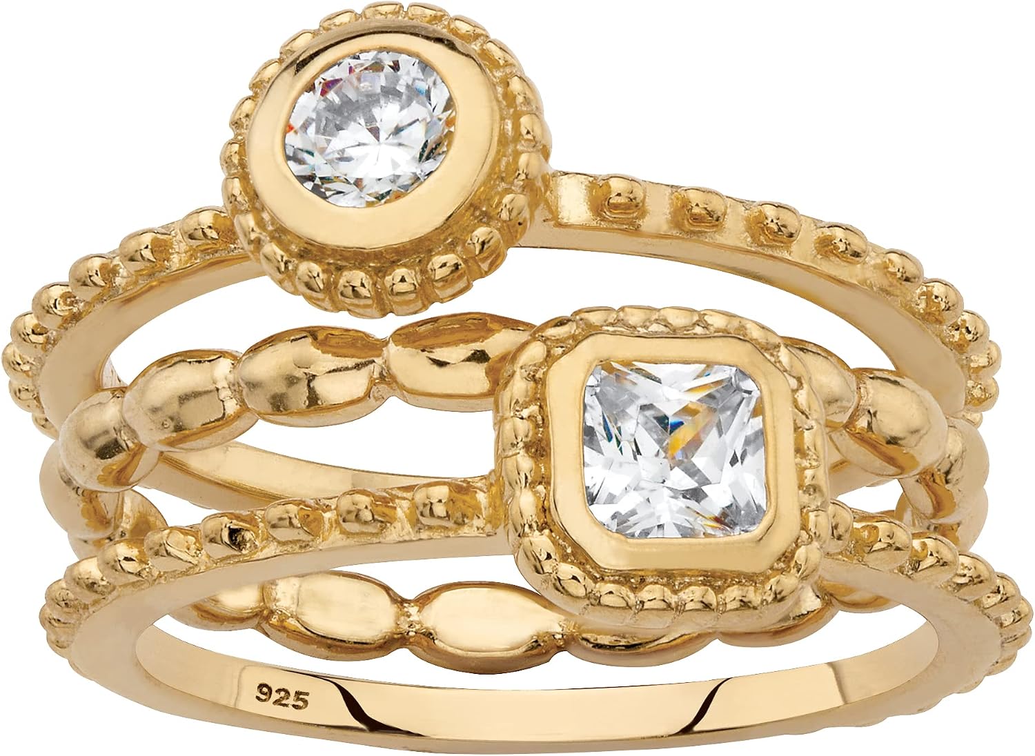 Palm Beach Jewelry 18K Yellow Gold over Sterling Silver Round and Princess Cut Cubic Zirconia 3 Piece Stable Ring Set