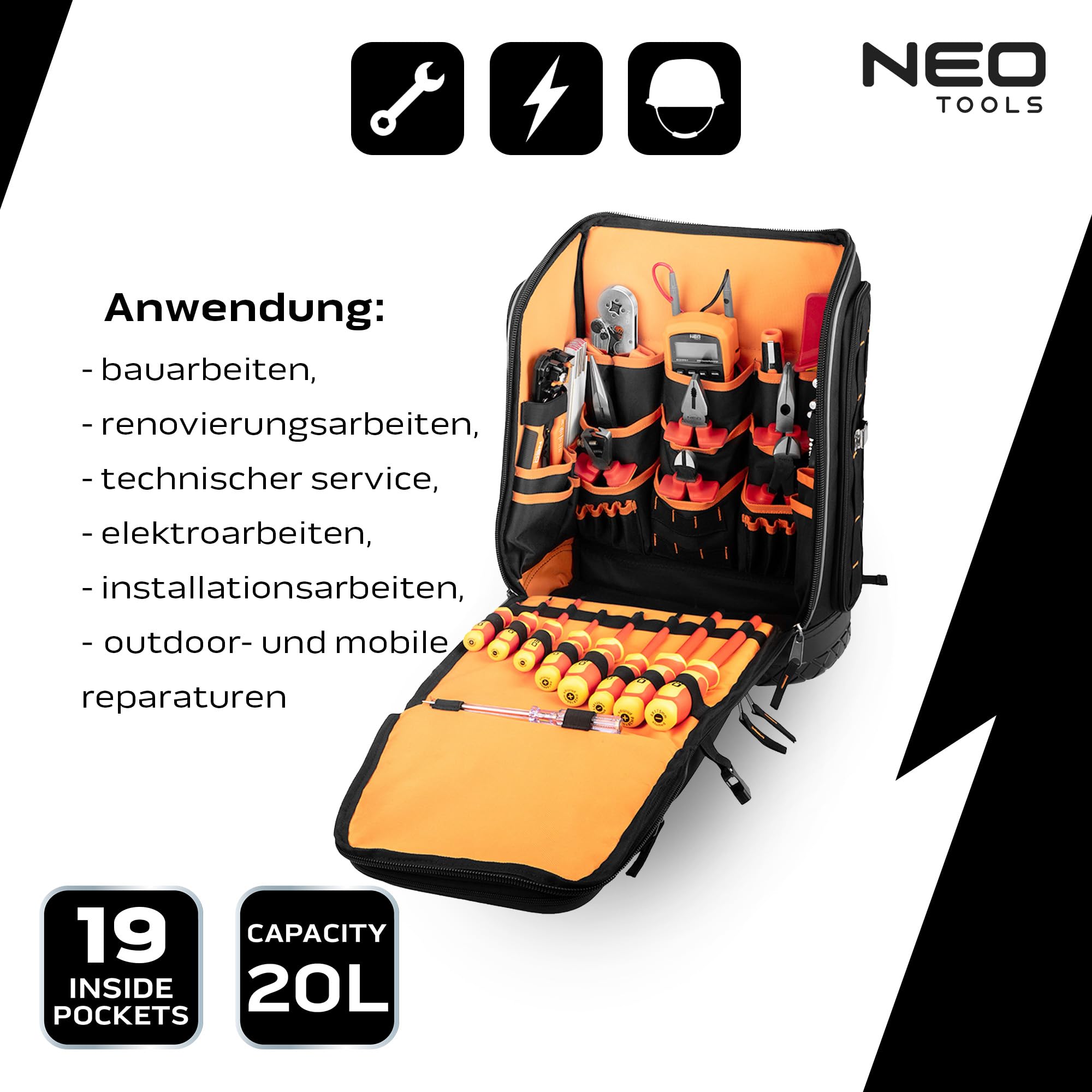 NEO TOOLS Werkzeugtasche für Elektriker, 31-teilig, Werkzeugtasche für Elektriker, 26 Taschen, Mobiles und langlebiges Elektrowerkzeugset im Rucksack, 01-313