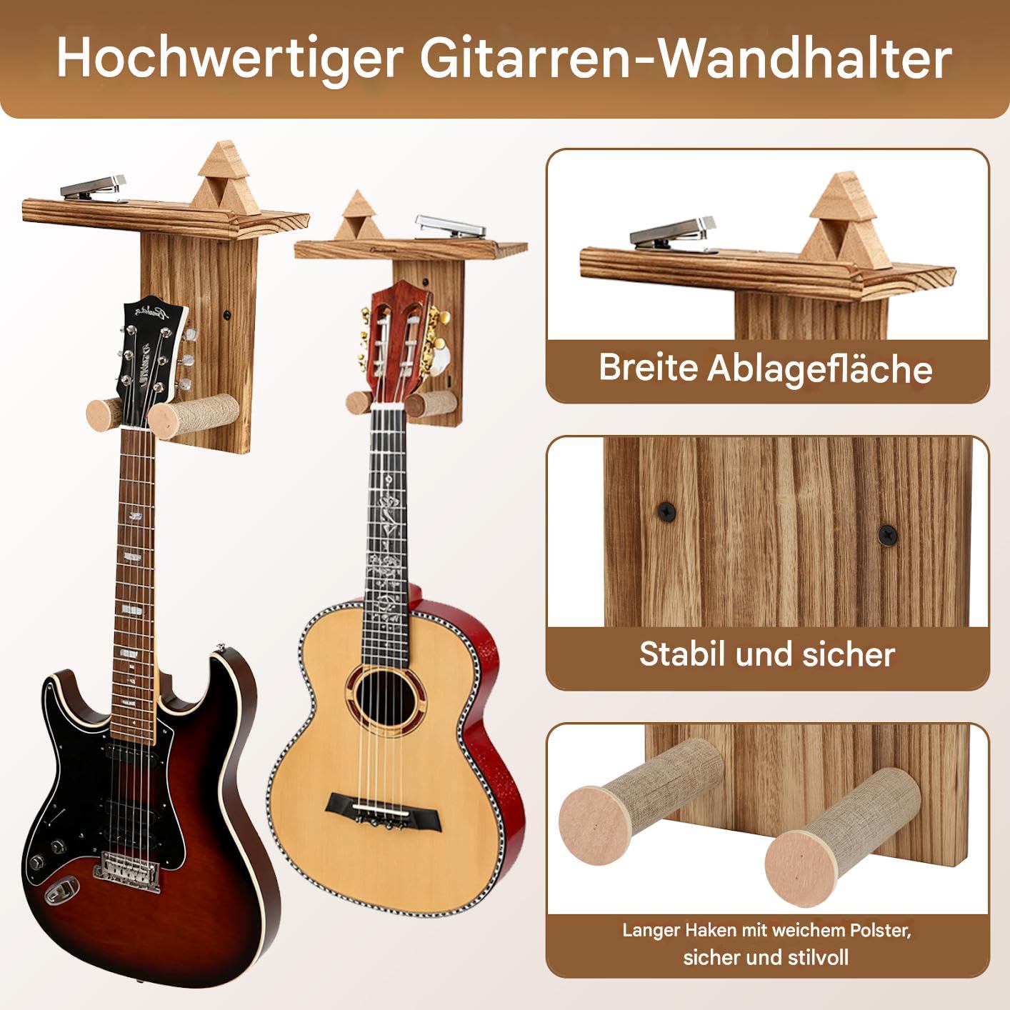 BestYiJo 2 soportes de pared para guitarras de madera, con estante y soporte para púas - Ajustable para acústica, guitarra eléctrica, bajo y ukelele - Juego de soportes para guitarra de madera maciza