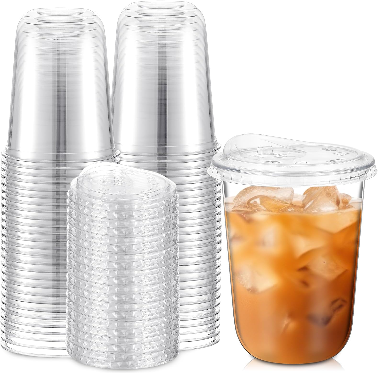Ziliny 25 Sets 16 oz Clear Plastic Cups with Strawless Sip Lids, Thickened Clear Disposable Plastic PET Crystal Cups for Iced Coffee, Smoothie, Cold Beverage, Drink Shops and Party Catering