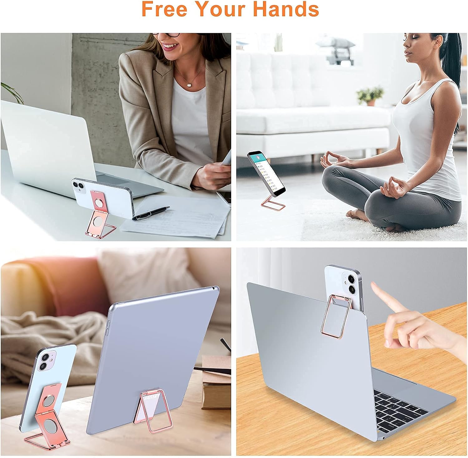 Phone Ring Holder Finger Kickstand, Foldable Cell Phone Stand for Desk Compatible with iPhone iPad Samsung Android All Smartphones, 360° Rotational Adjustable Metal Phone Grip for Magnetic Car Mount