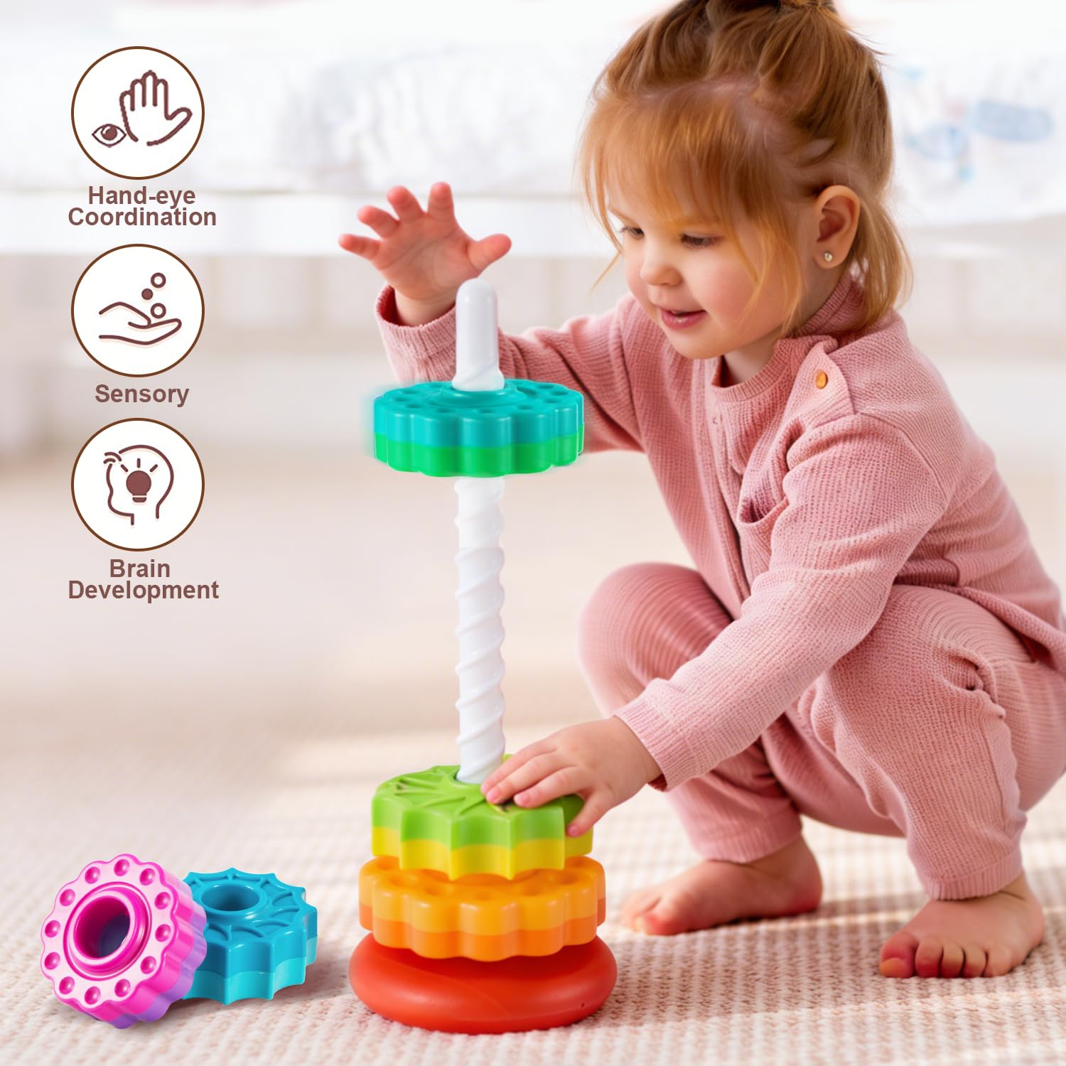 Juguetes sensoriales para niños de 1 a 3 años, anillos arcoíris, juguetes Montessori, para niños de 6 a 12 meses, juguete educativo para autismo para niños de 1 a 3 años
