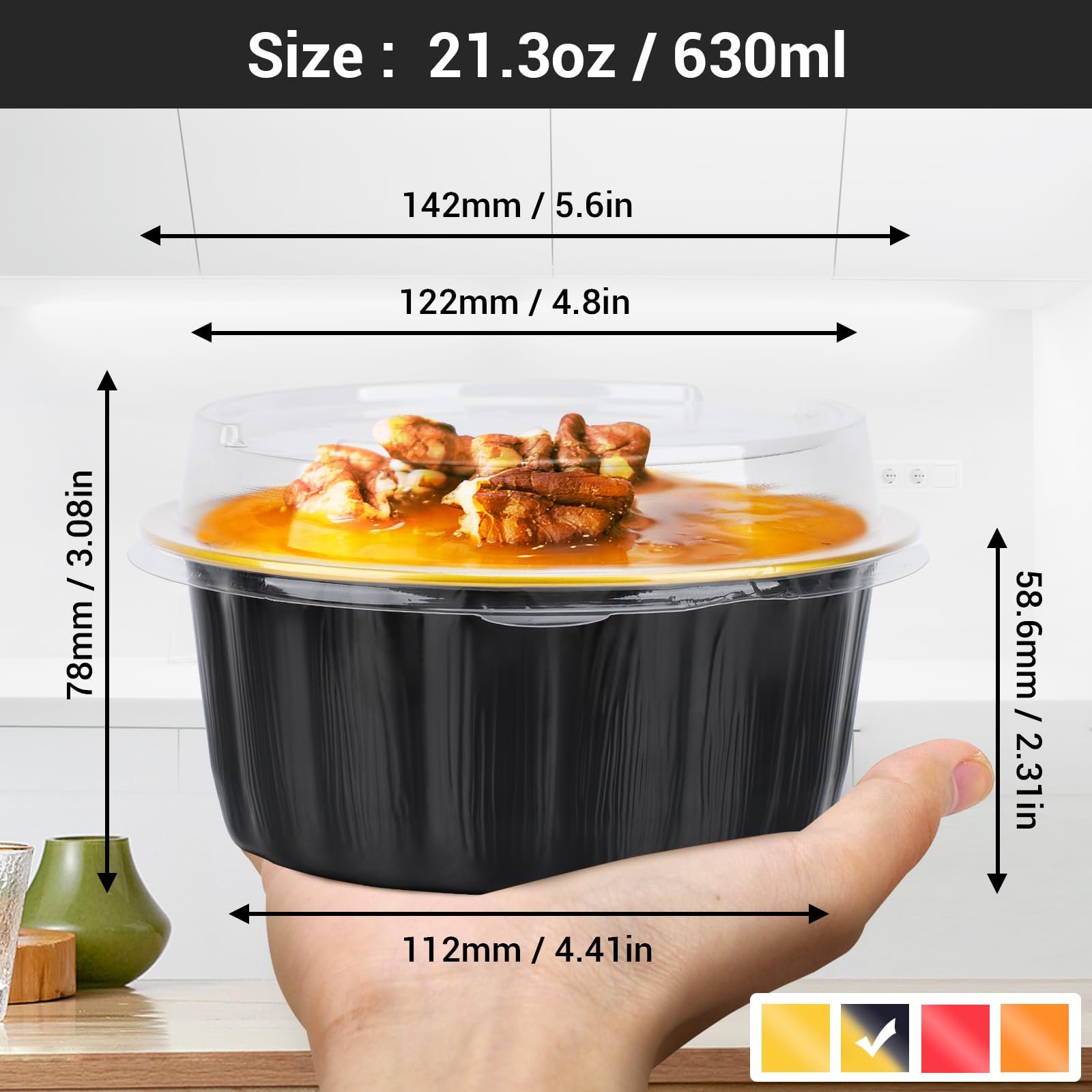 EUSOAR Ramequines desechables con tapas, color negro y dorado, 50 moldes de aluminio de 21 onzas con tapas, moldes para magdalenas, mini recipientes para pan de pastel con tapas para recuerdos de
