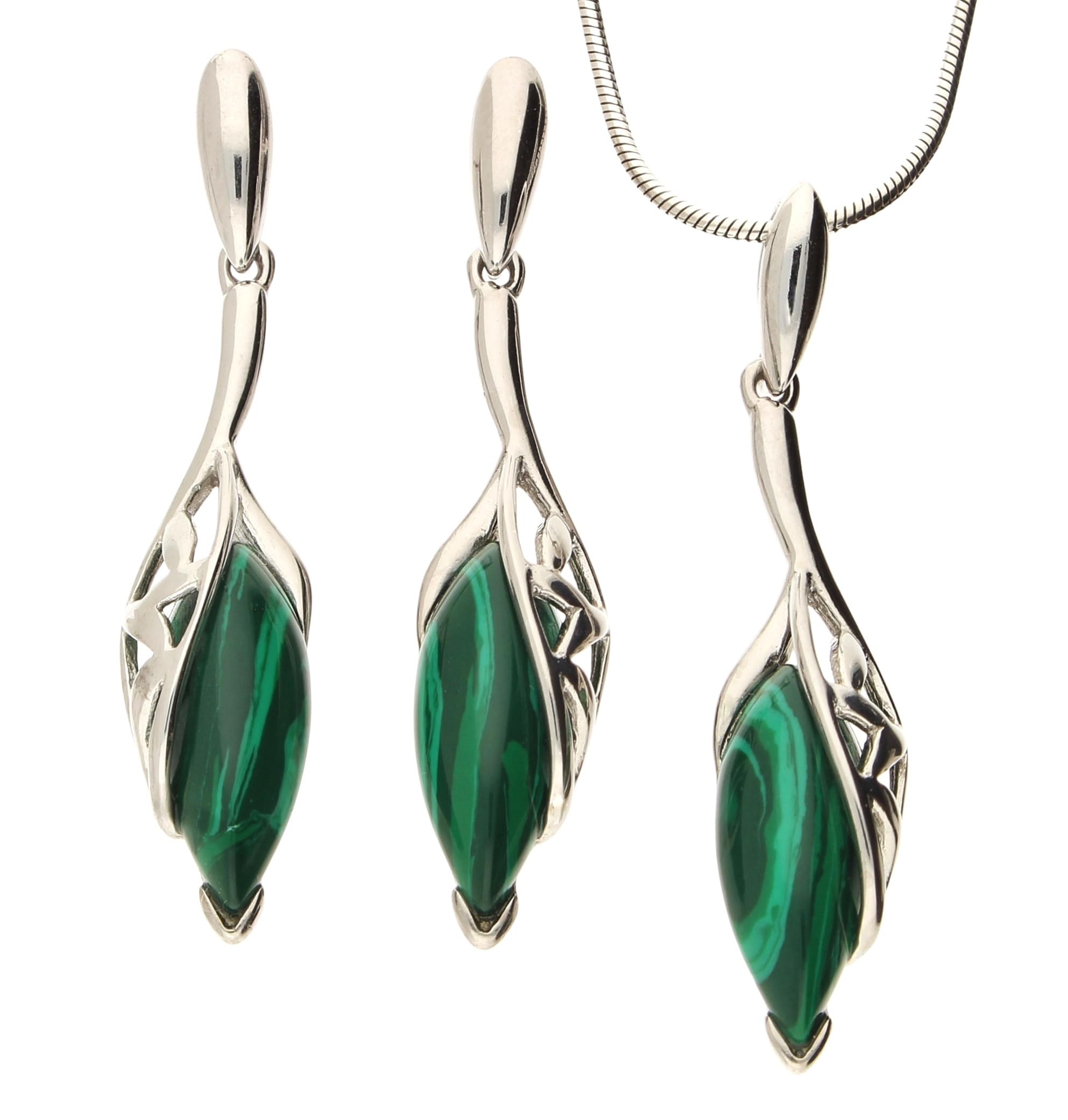 Echtes 925 Silber SCHMUCKSET mit Malachit, grün, ANHÄNGER + OHRHÄNGER inkl. Silberkette 50 cm