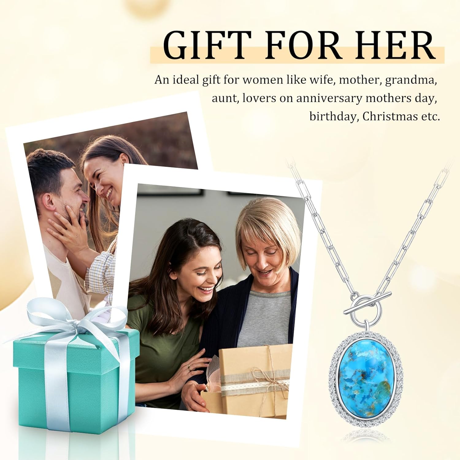 AIBAO Large Oval Turquoise/Coral/Malachite Halo Necklaces for Women 10-12 Carat Natural Gemstone Necklace Rhodium Plated Sterling Silver Statement Necklace with Toggle Clasp - Image 7