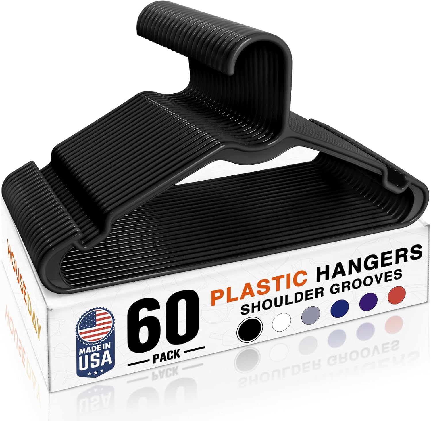 HOUSE DAY Black Plastic Hangers 60 Pack, Lightweight Clothes Hangers with Non-Slip Shoulder Grooves - Space-Saving, Durable & Reinforced Edges Coat Hanger for Closet Organization (Made in USA)