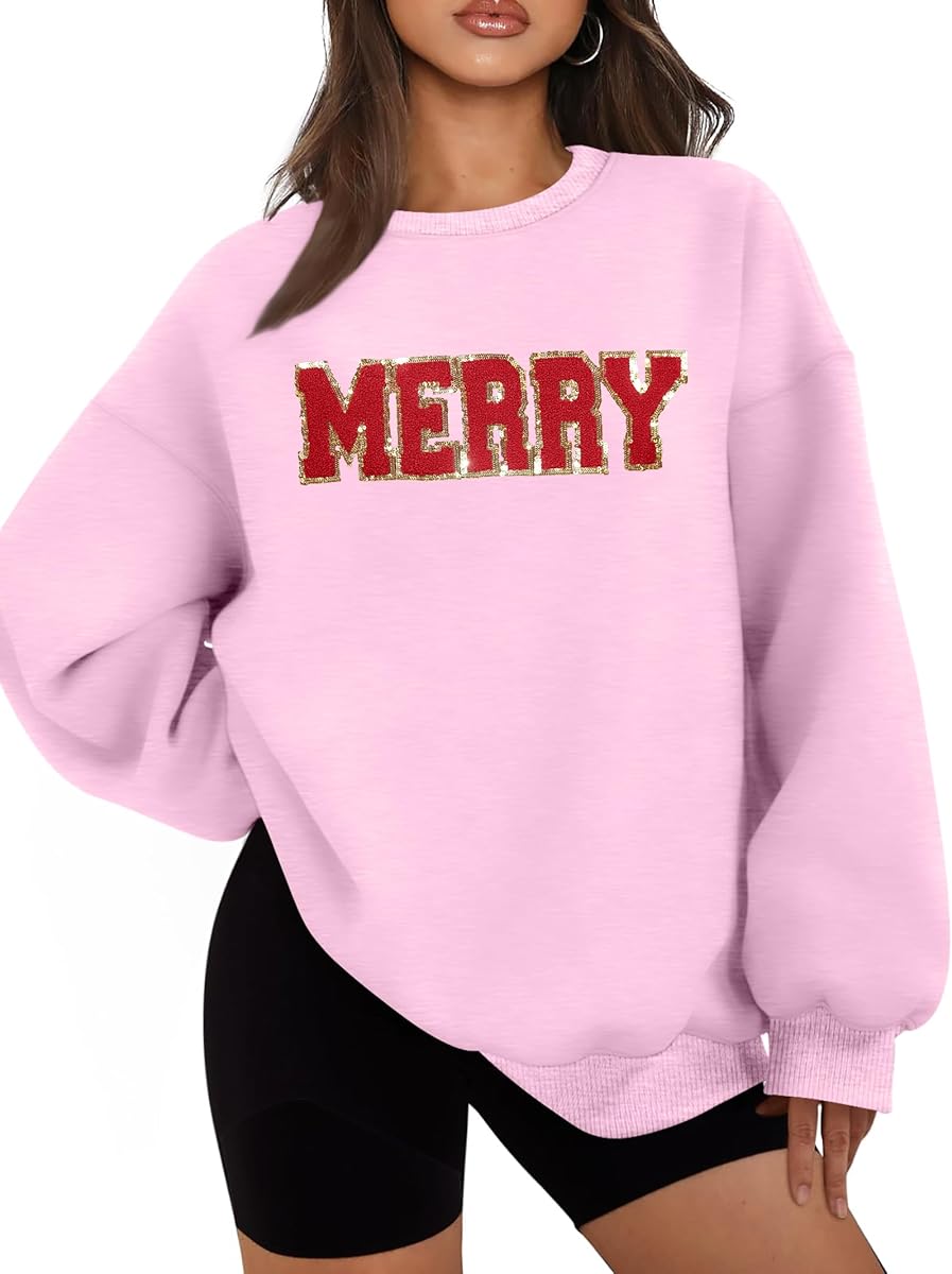 Christmas Sweatshirt for Women: Merry Sweatshirt Glitter Pach Merry Shirt Xmas Overzise Pullover Tops