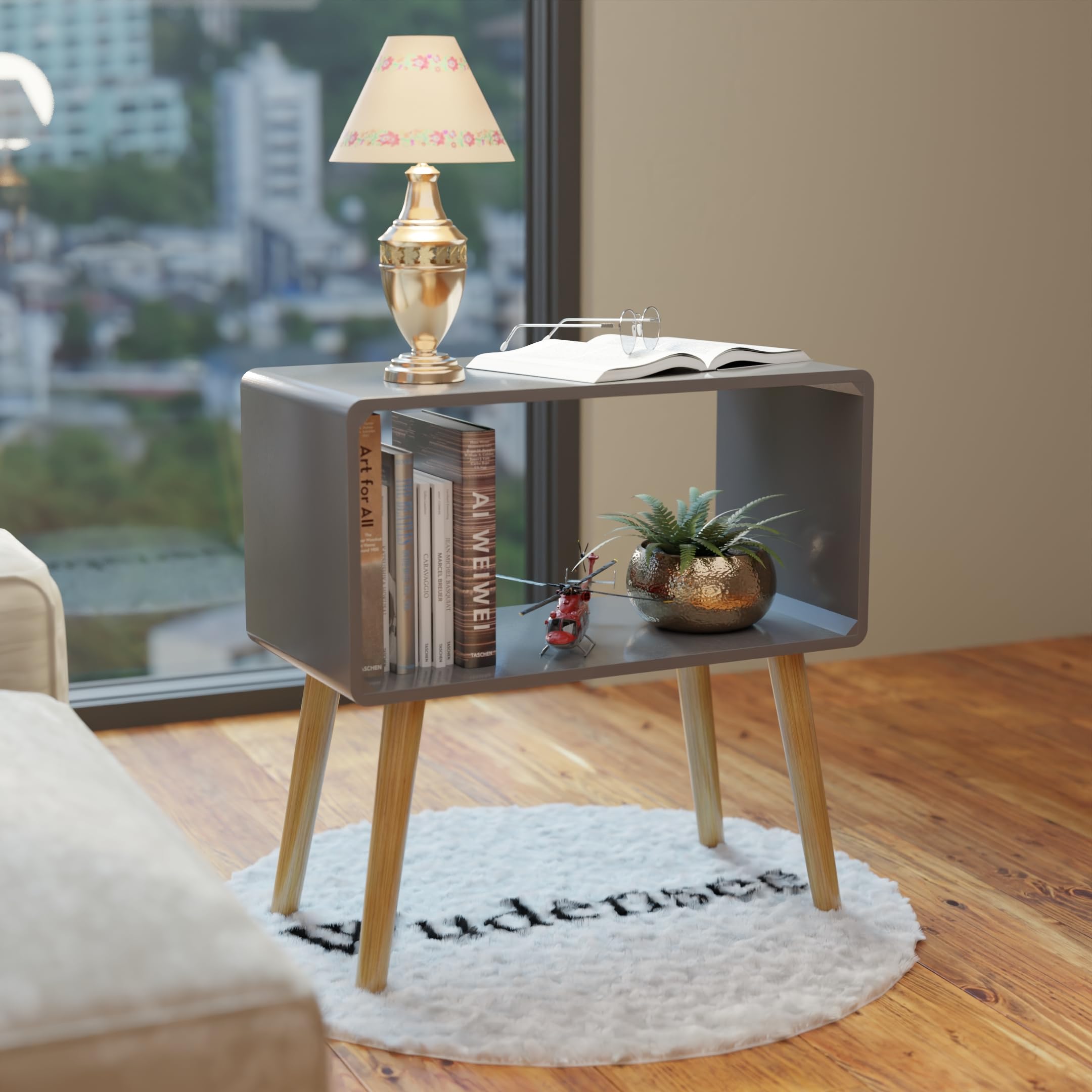 WUDENSEE Mid-Century Modern Bedside Table with Solid Wood Legs, Minimalist and Practical End Side Table with Open Storage Shelf, for Living Room/Bedroom/Office (Grey)-image-39
