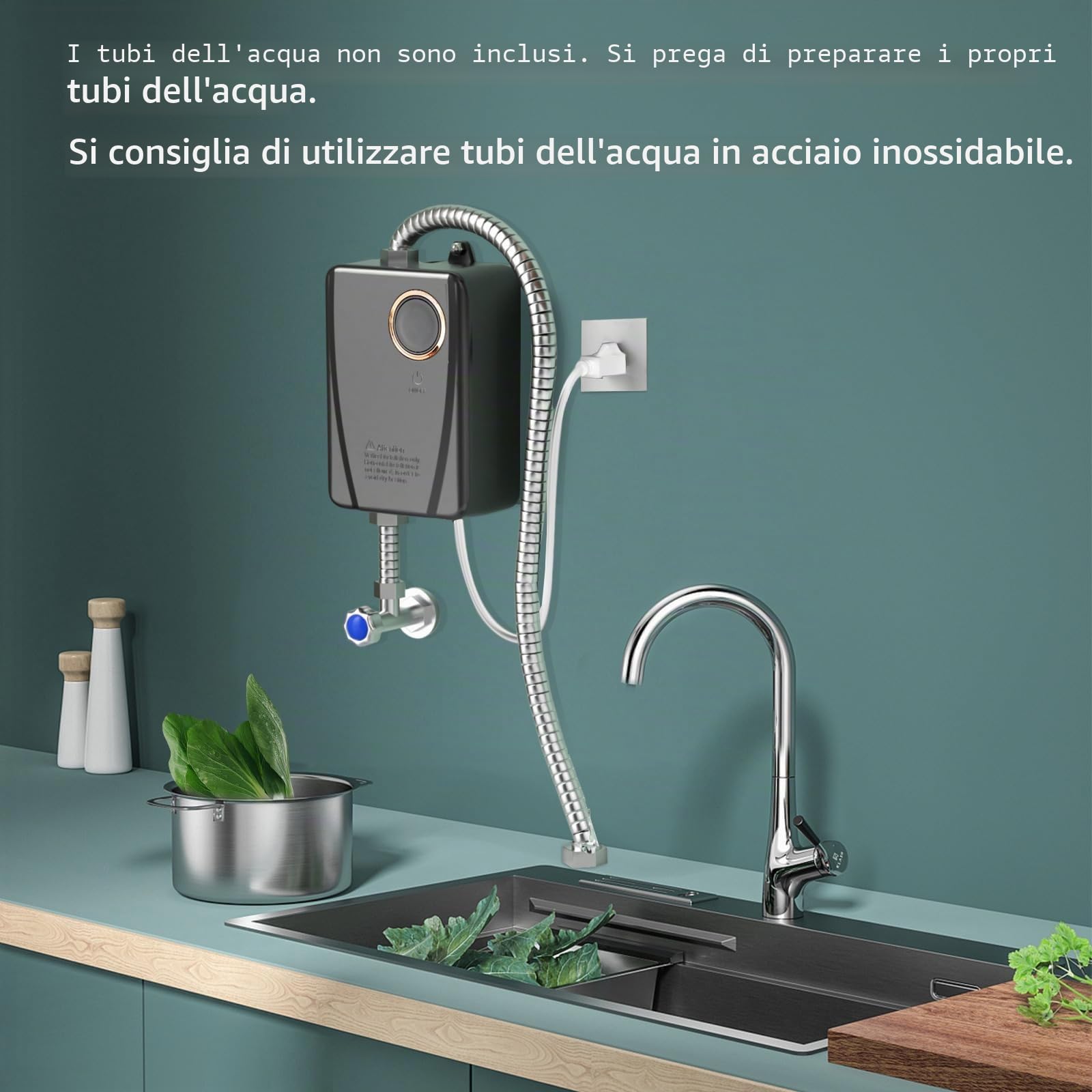 Scaldacqua istantanea, 5 l, riscaldamento sicuro, scaldabagno elettrico, mini scaldabagno con controllo intelligente e indicatore LED per doccia/bagno/cucina (nero)