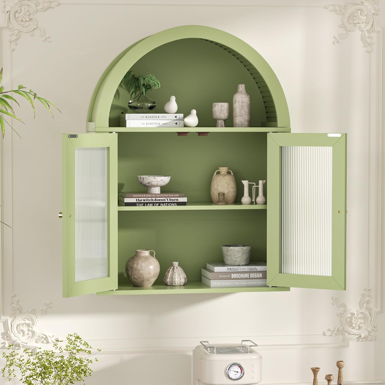 Bathroom Wall Cabinet, Arched Cabinet Wall Mount, 2 Acrylic Doors, 1 Adjustable and Removable Shelf, for Laundry Room, Living Room, Restroom, Kitchen, Green