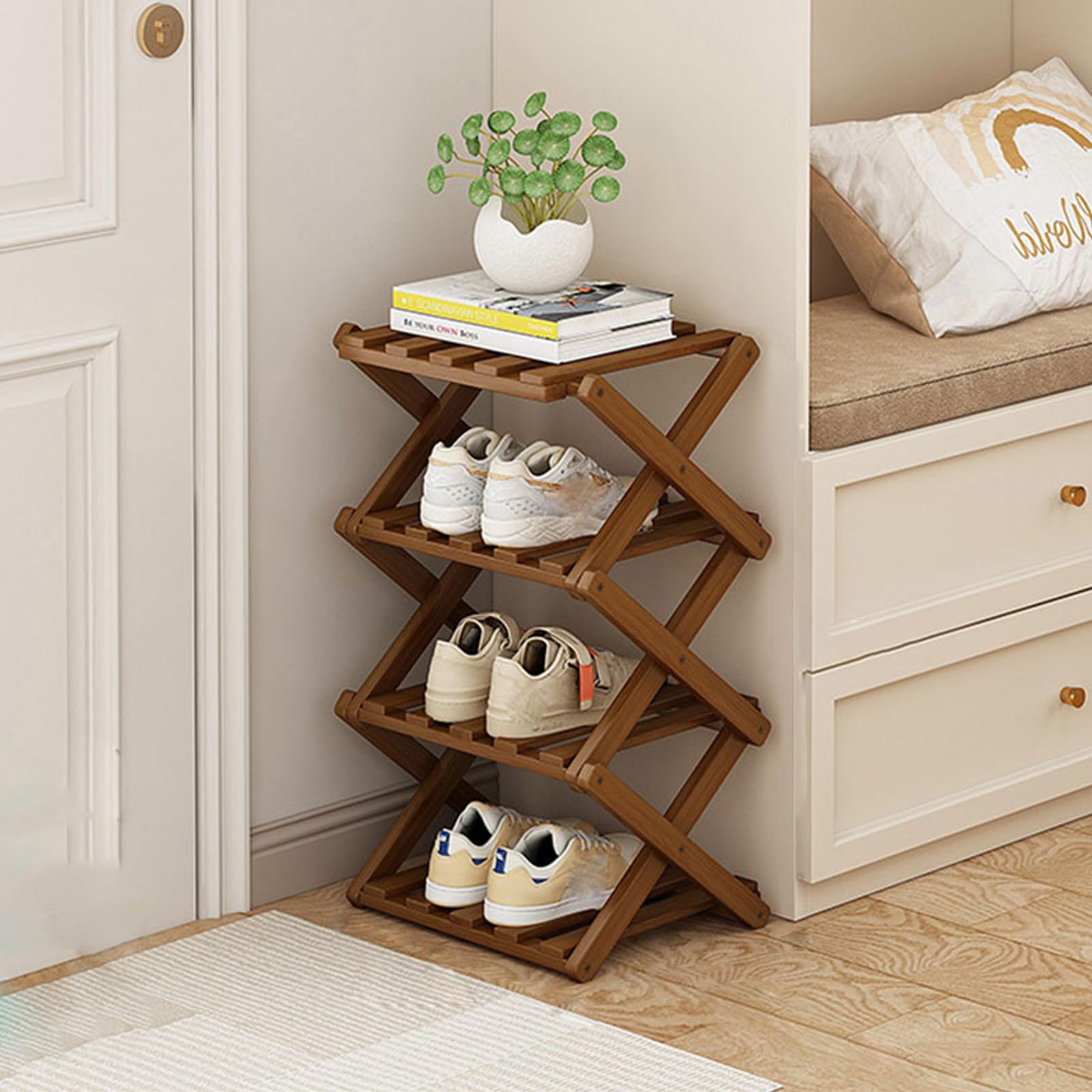 YYW Shoe Rack, Foldable Bamboo Shoes Shelf, Freestanding Shoe Storage Organiser for Entryway, Hallway, Bedroom, Closet, Natural Shoe Rack (4 Layers, Brown)