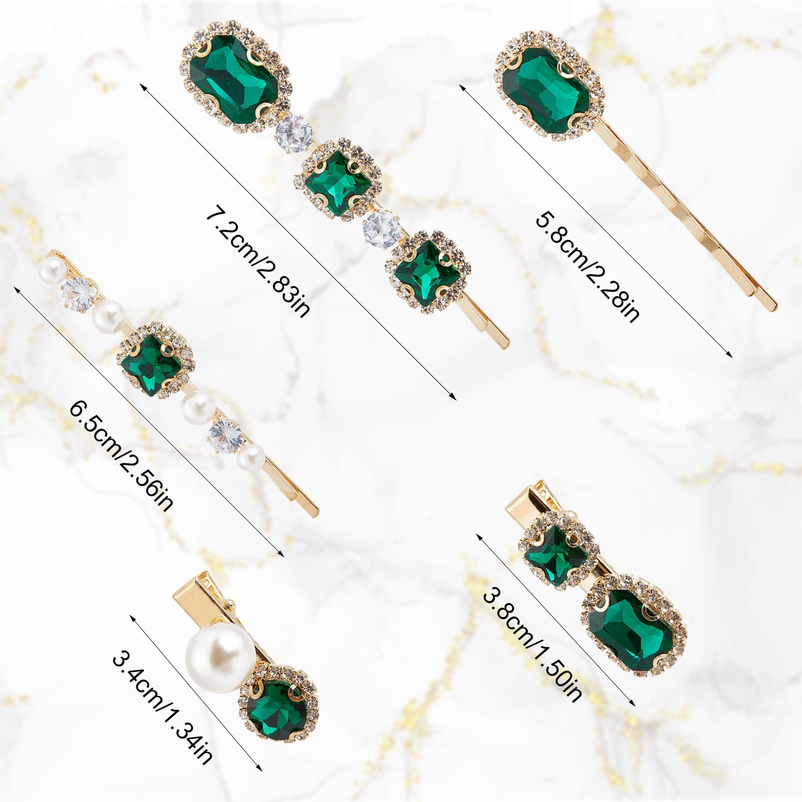 NICENEEDED 5 PCS Green Rhinestone Hair Clips Set, Glitter Crystal Hair Jewelry Barrettes - Image 2
