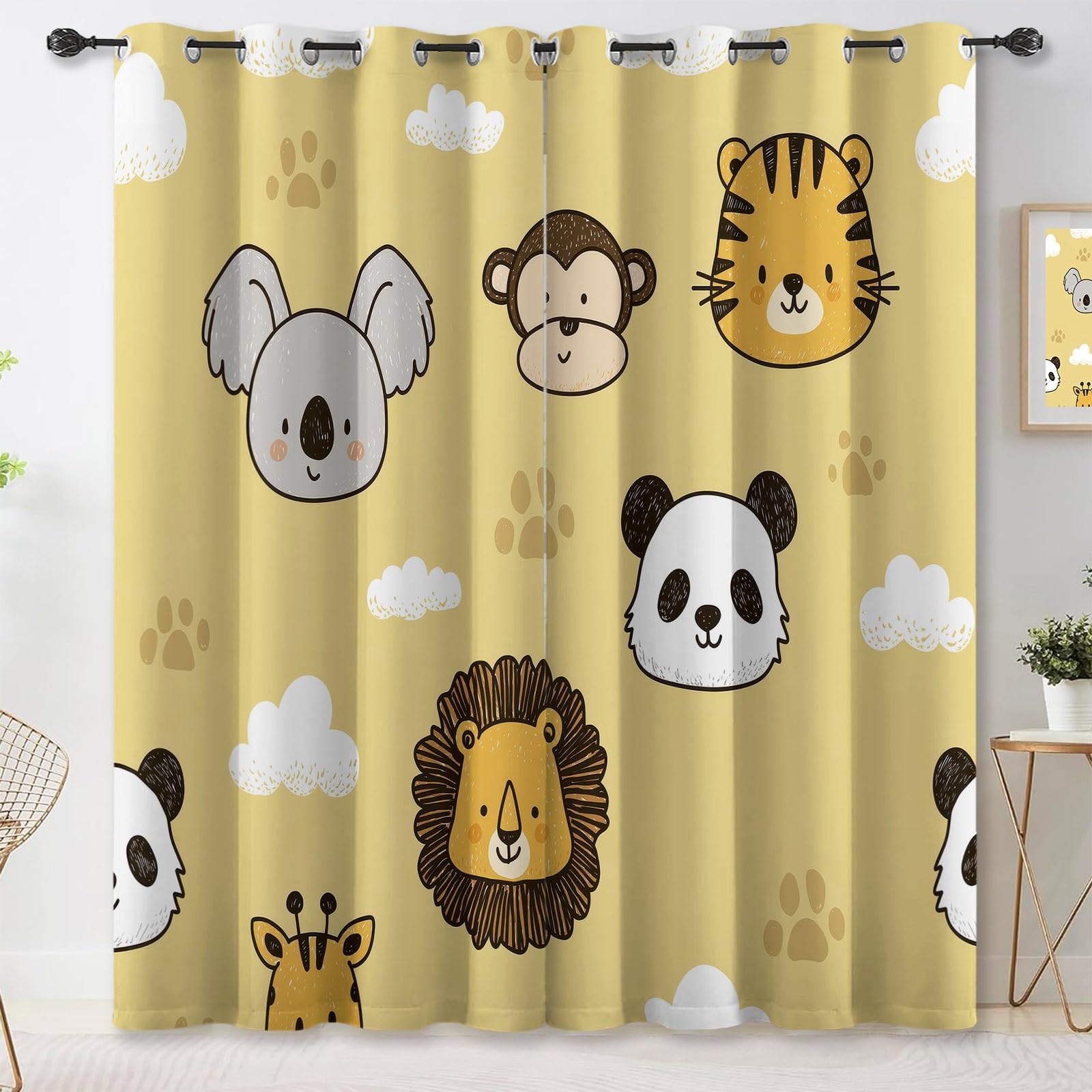 Rideau Occultant, Minimalisme Nordique Motif Rideaux Thermiques à Oeillets, Portraits D'Animaux Empreintes De Pattes Nuages Rideaux pour Salon Chambre Fenetre Décoration, 70 X 200 cm (LxH), Lot de 2