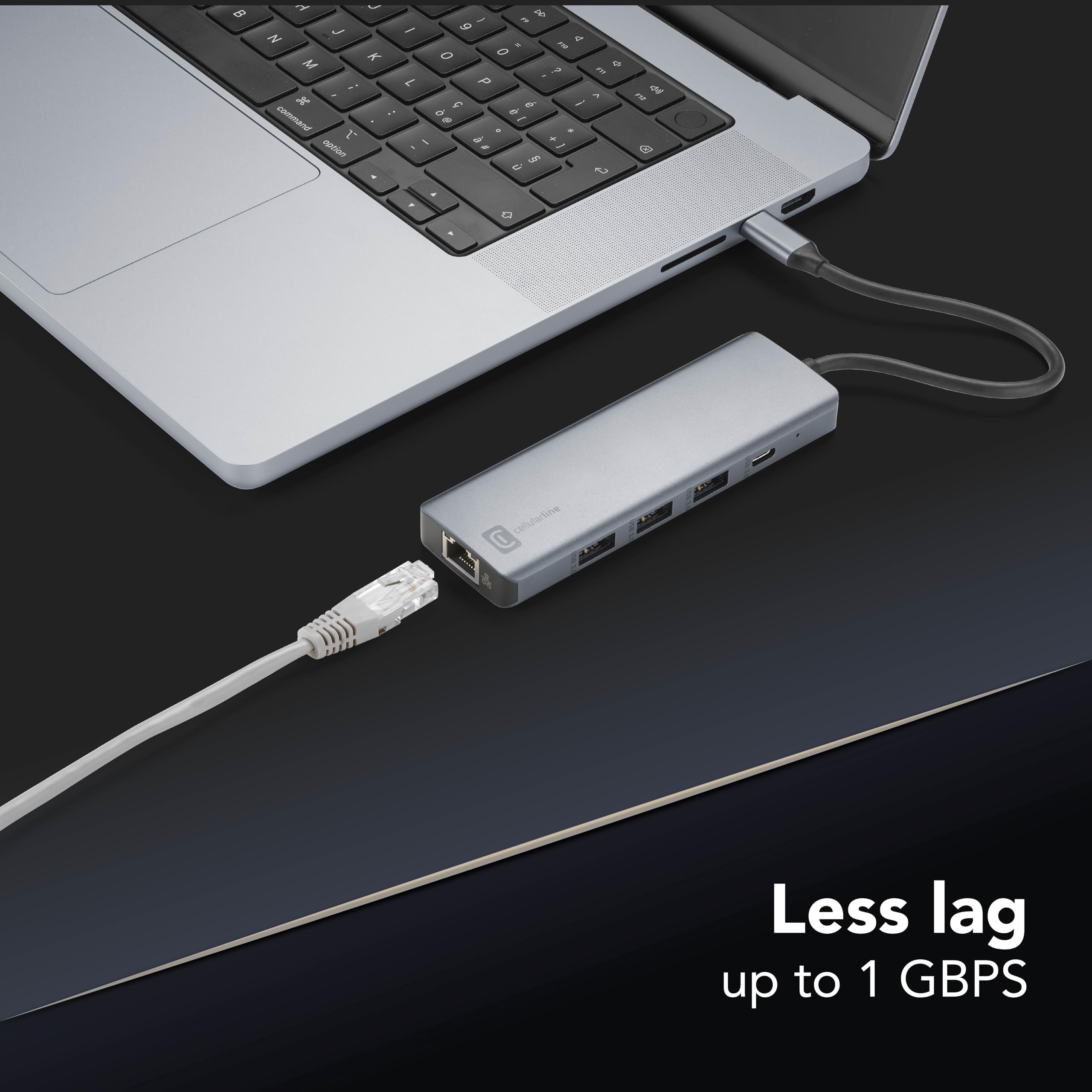 Cellularline HUB PRO 9-portowy koncentrator, ładowanie i transfer danych, 3 porty USB-A 3.0, USB-C Power Delivery do 100 W, HDMI 4K przy 60 Hz, Ethernet LAN, SD i Micro SD, szary metaliczny