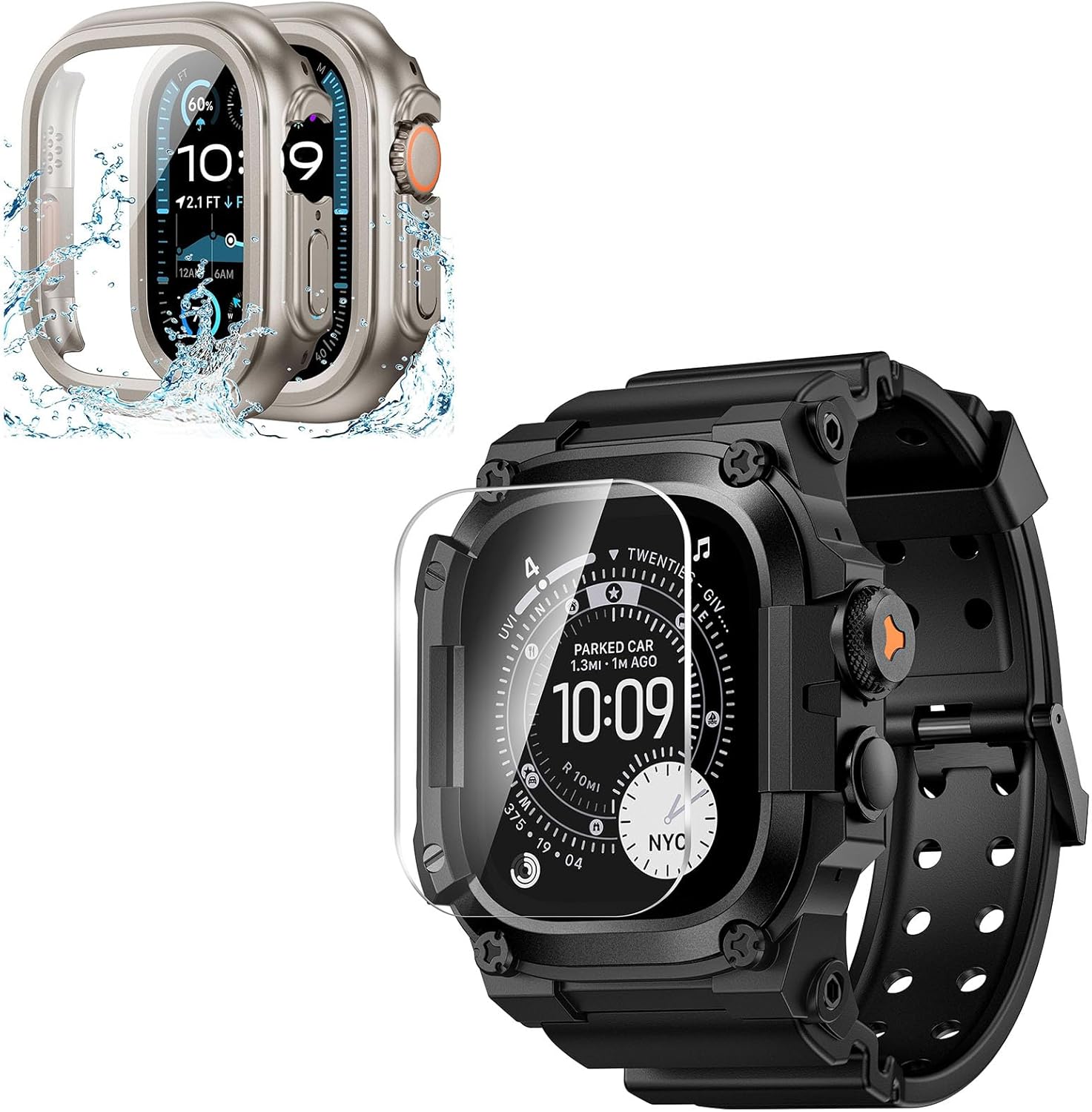 Goton Waterproof Case with Rugged Band Compatible for Apple Watch Ultra 3/2/1 Screen Protector 49mm, Hard Bumper with Tempered Glass for iWatch Cover 49 mm